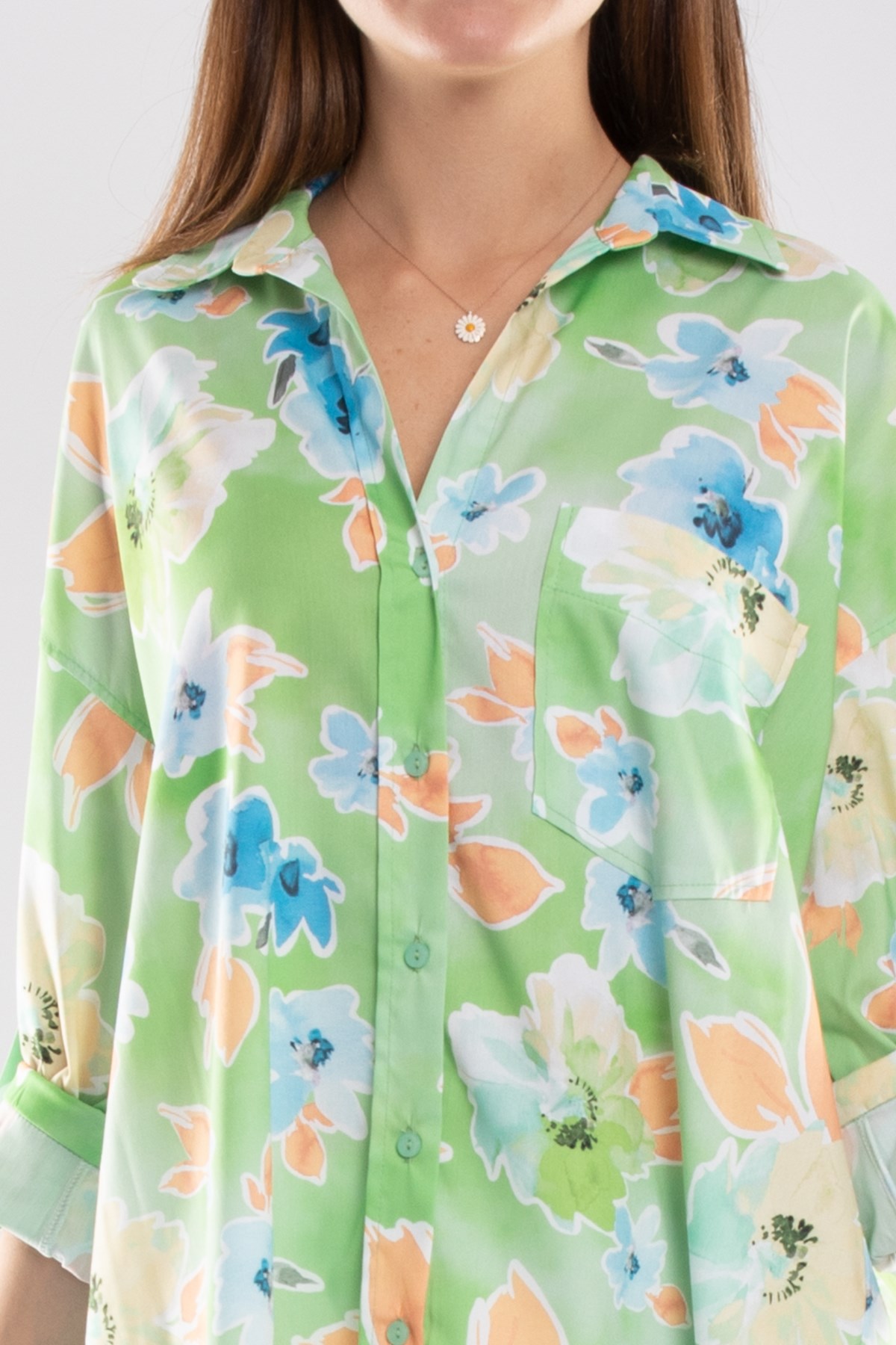 50614 Truvakar Kol Katlamalı Çiçek Desen Gömlek