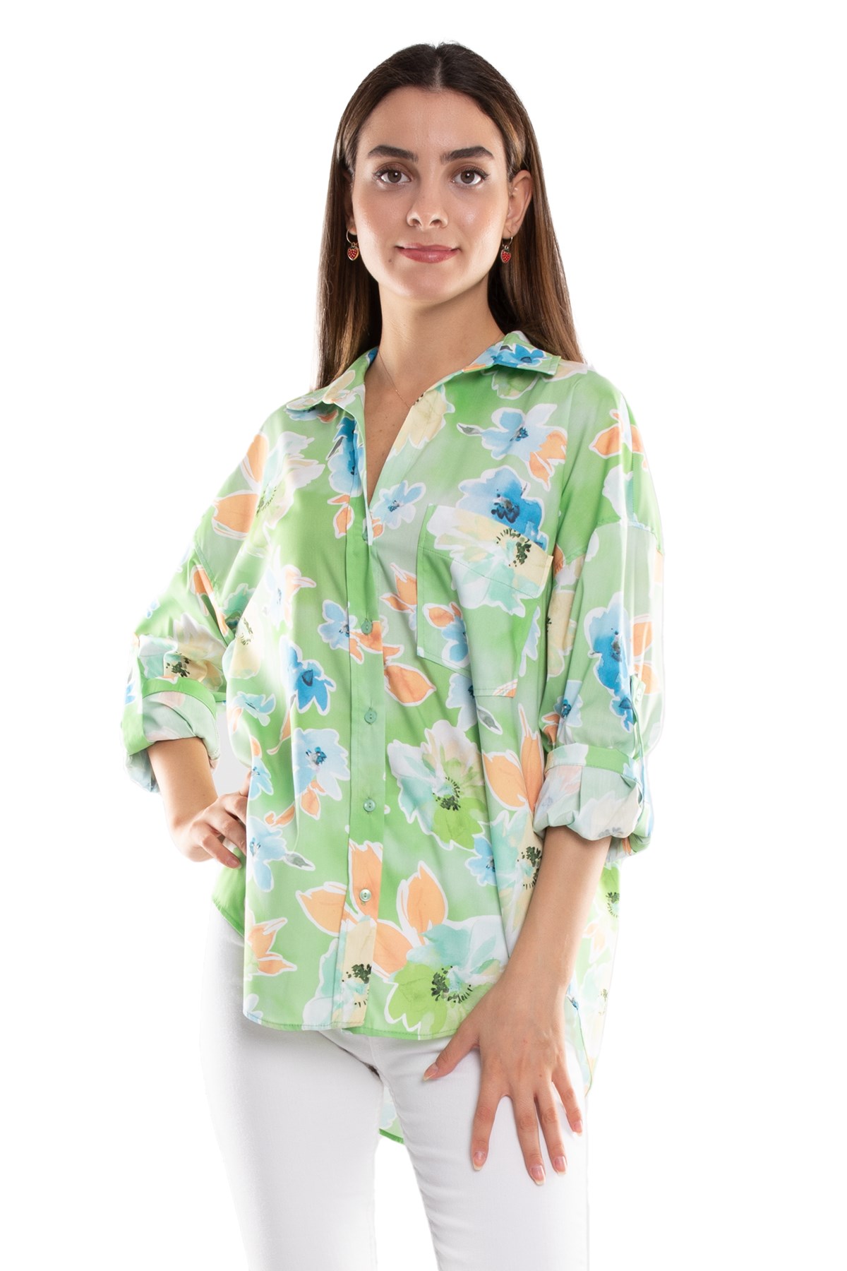 50614 Truvakar Kol Katlamalı Çiçek Desen Gömlek