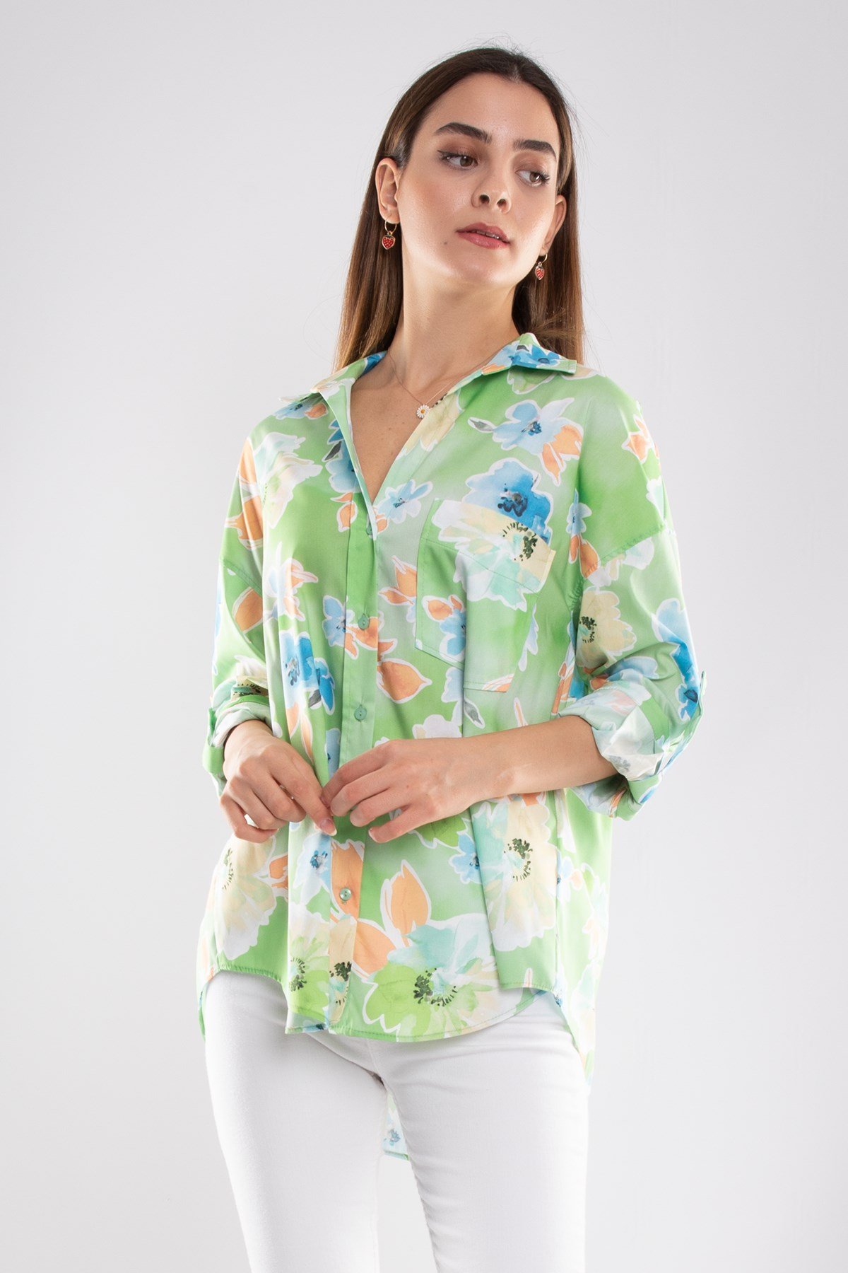 50614 Truvakar Kol Katlamalı Çiçek Desen Gömlek