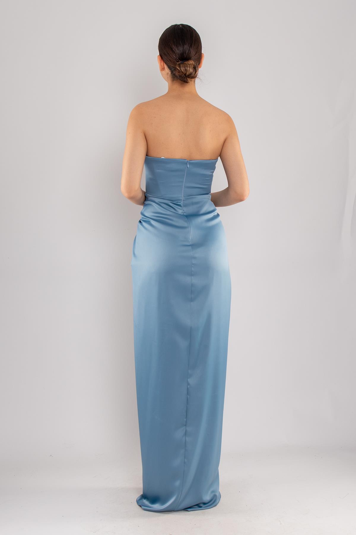 5062 Straplez Göğüs Balen Önü Büzgülü Uzun Saten Elbise