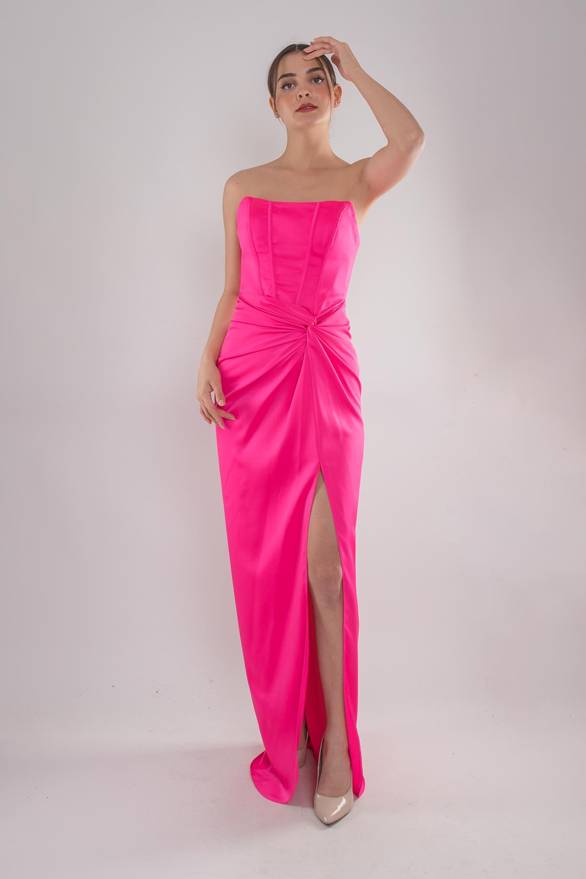 5062 Straplez Göğüs Balen Önü Büzgülü Uzun Saten Elbise