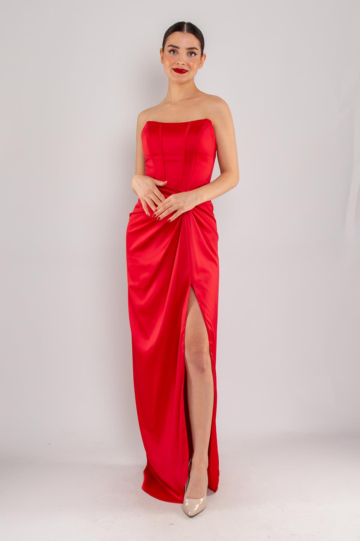 5062 Straplez Göğüs Balen Önü Büzgülü Uzun Saten Elbise