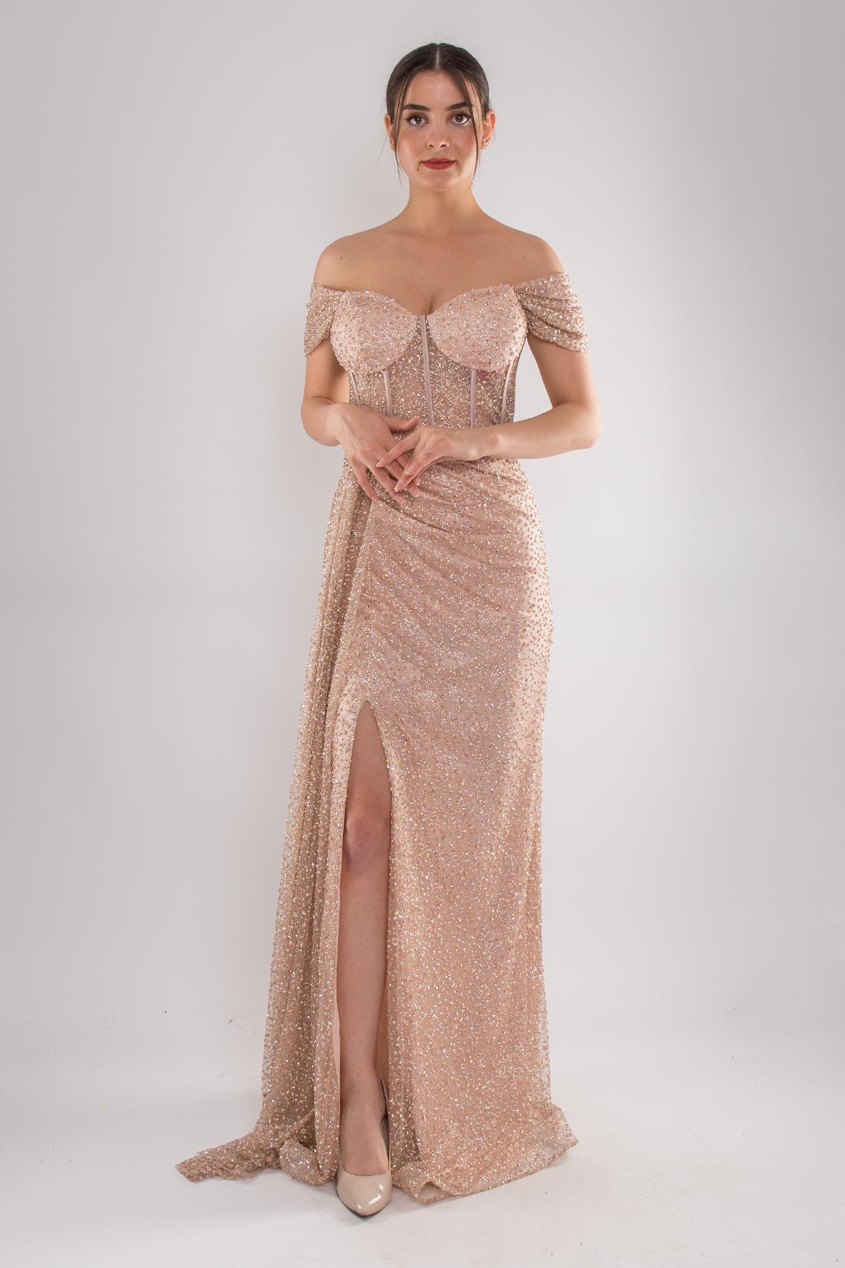 5063 Göğüs Balenli Yırtmaçlı Taşlı Uzun Elbise