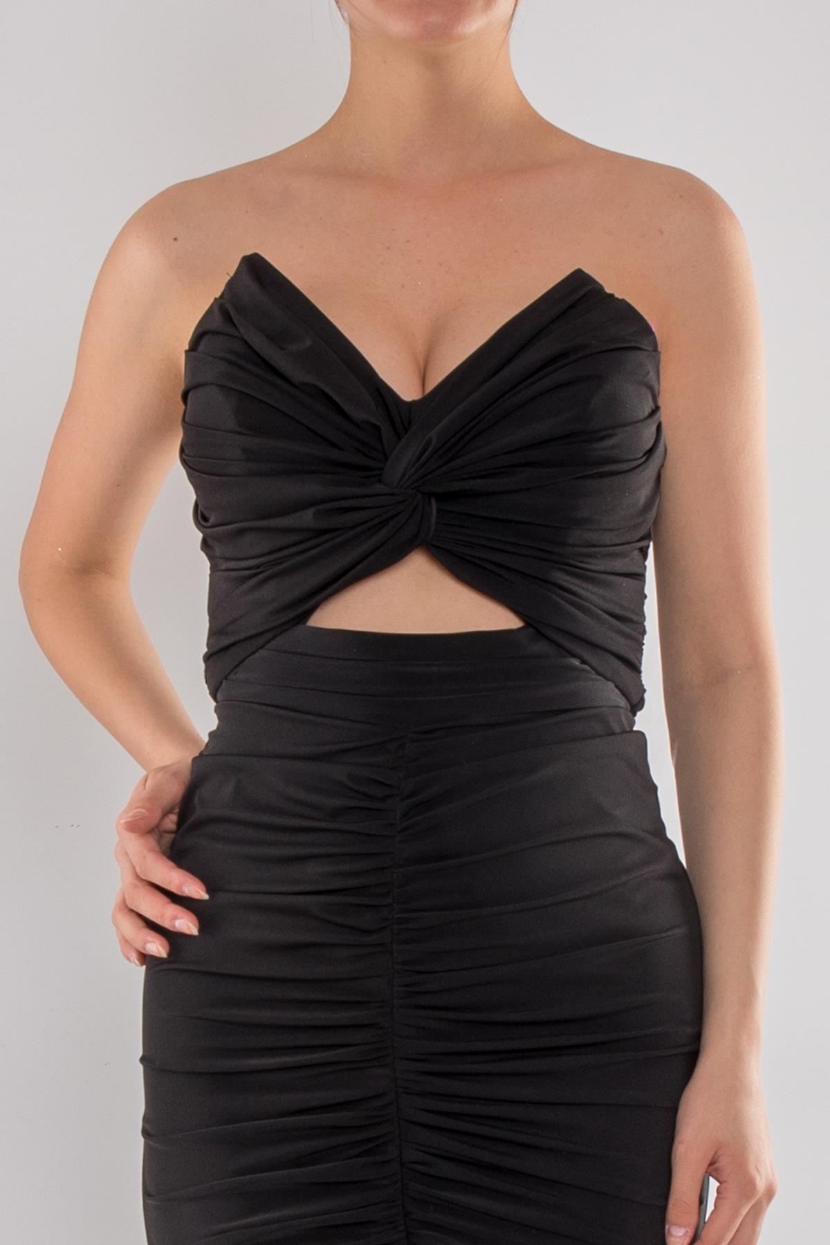 5064 Straplez Gögüs Dikyaka Önü Büzgülü Kristal Buzi Uzun Elbise