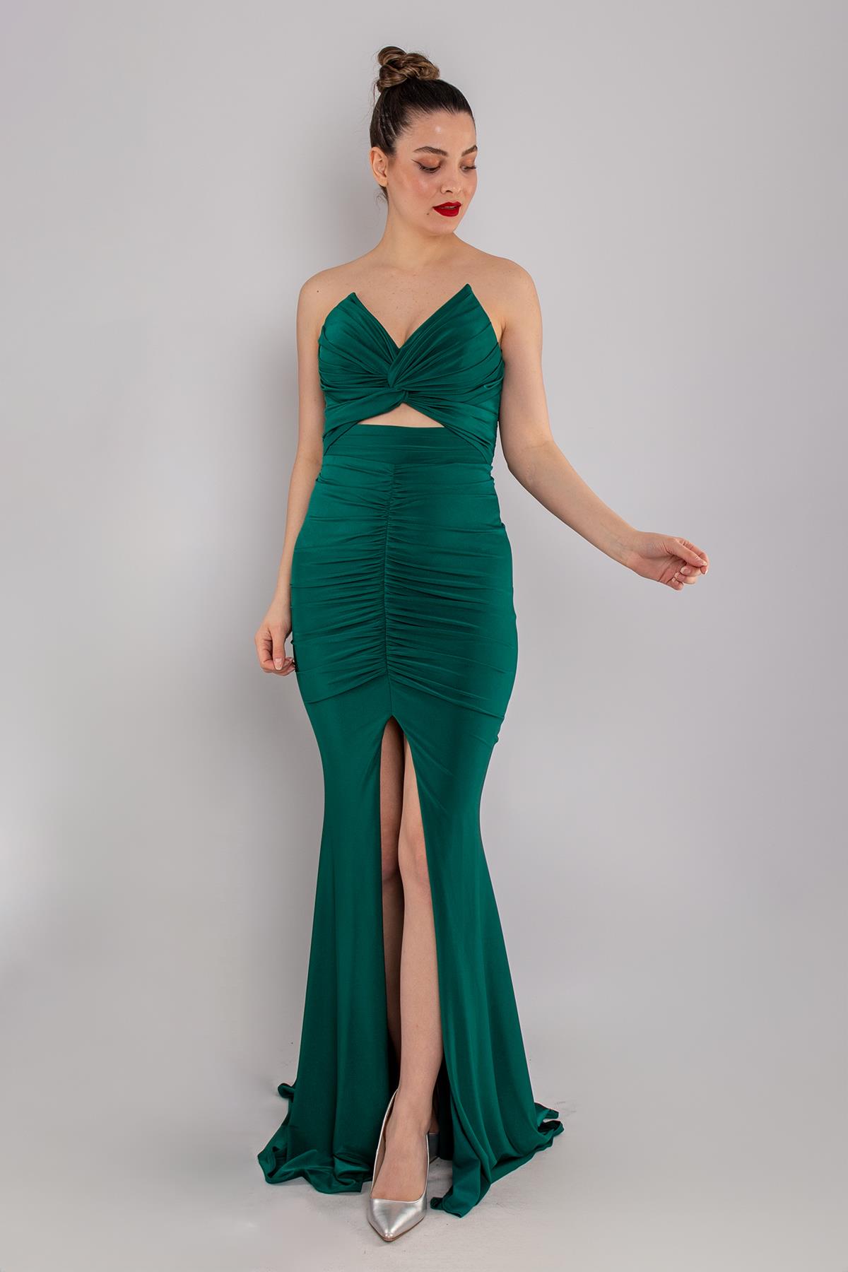 5064 Straplez Gögüs Dikyaka Önü Büzgülü Kristal Buzi Uzun Elbise