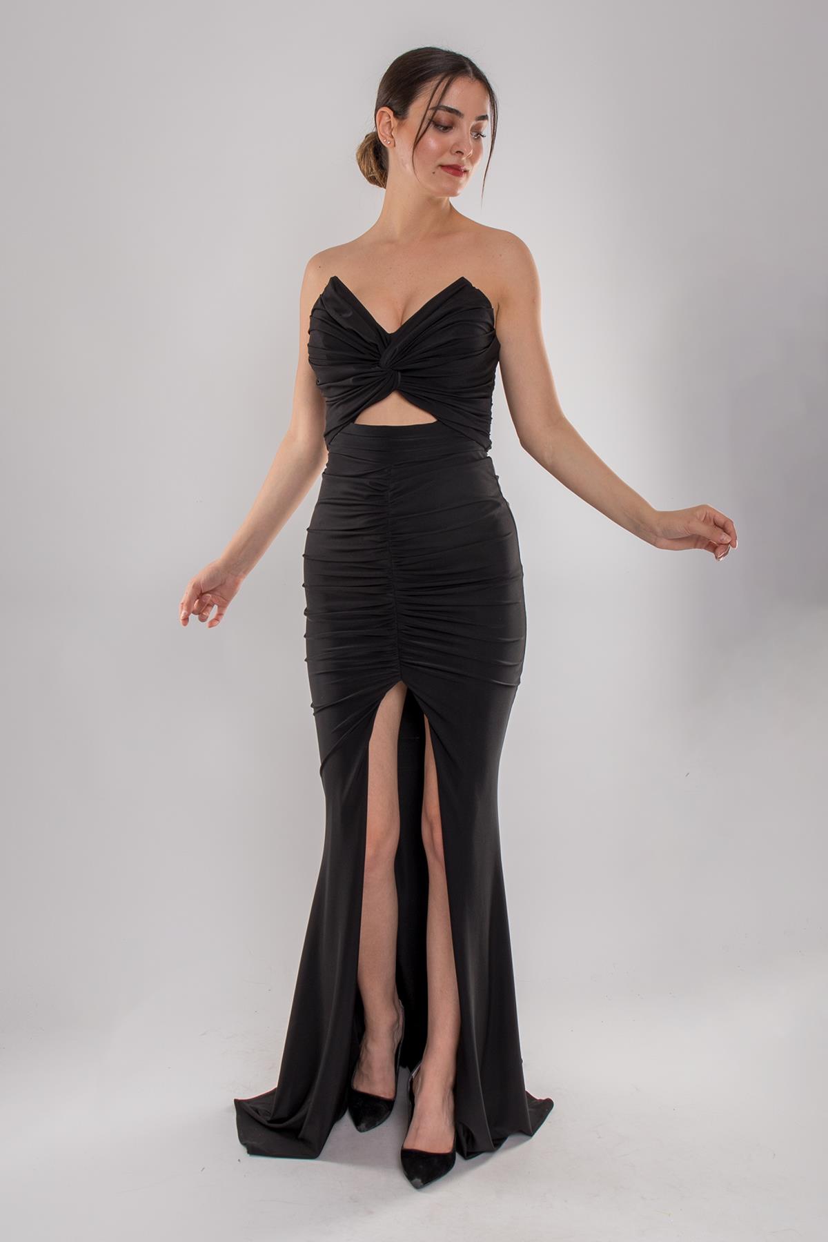 5064 Straplez Gögüs Dikyaka Önü Büzgülü Kristal Buzi Uzun Elbise