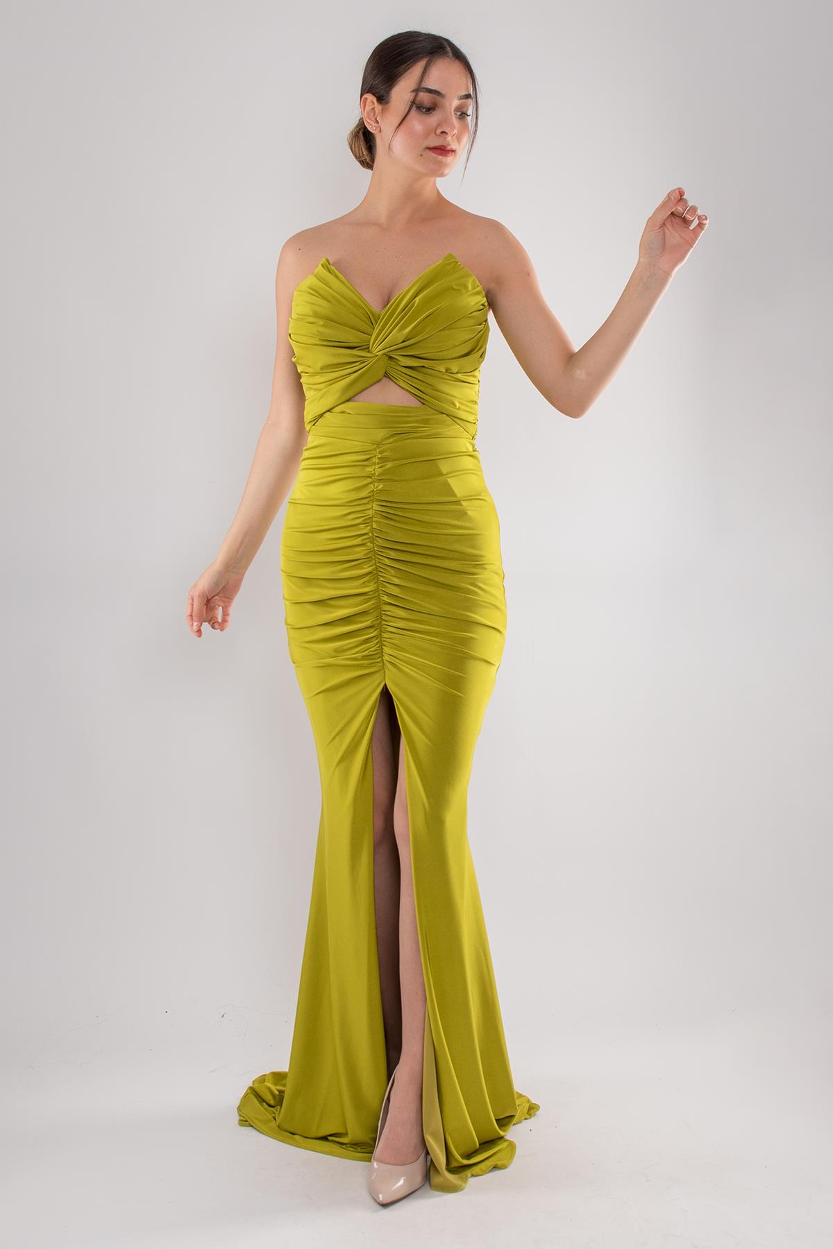 5064 Straplez Gögüs Dikyaka Önü Büzgülü Kristal Buzi Uzun Elbise