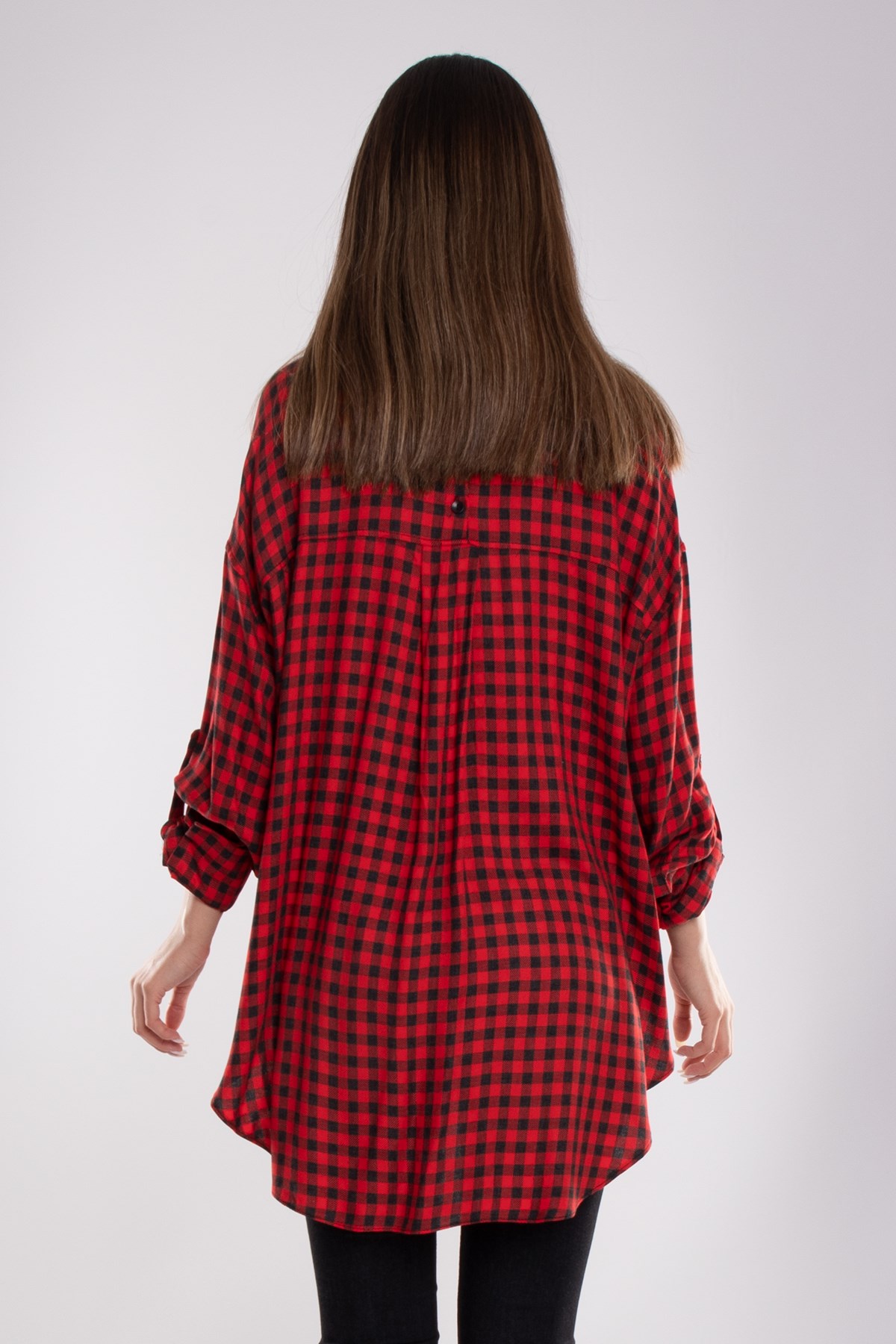 50649 Düğmeli Taş Detay Kareli Kadın Gömlek