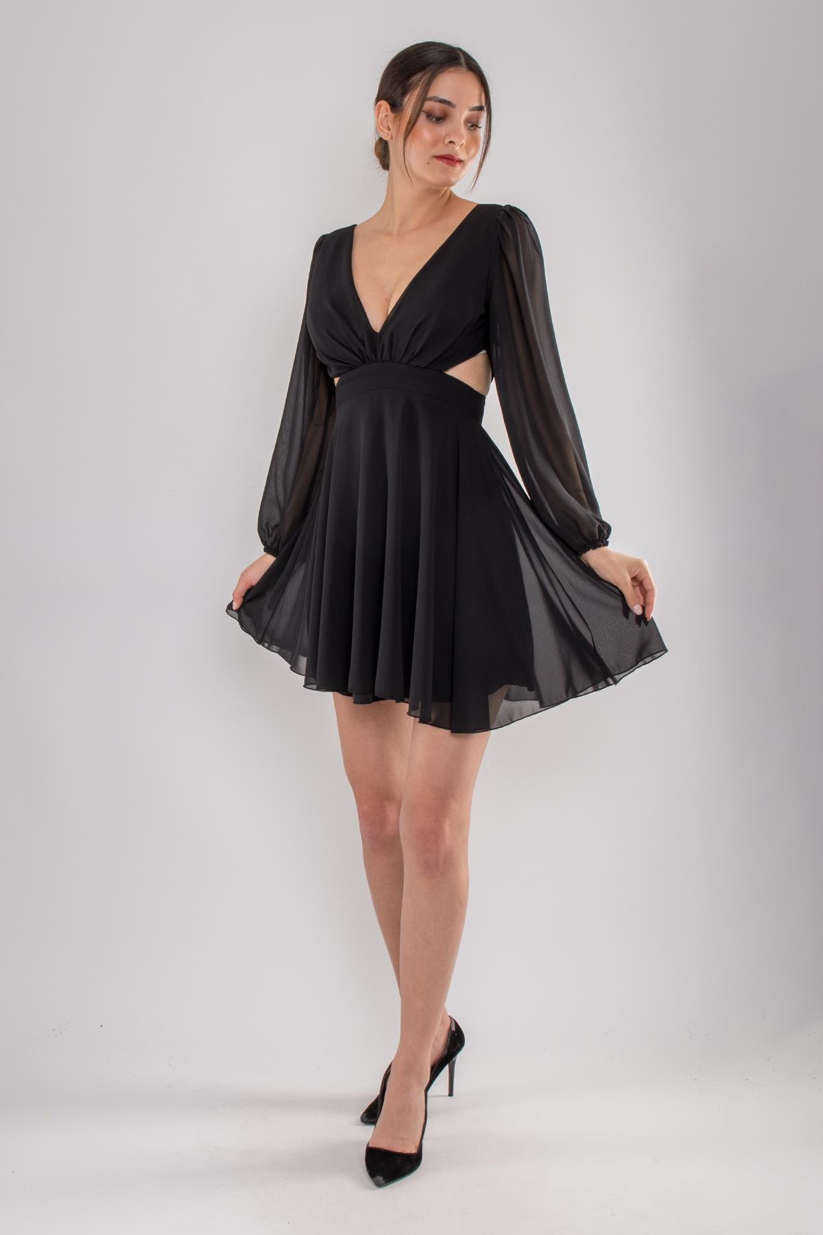 5065 Derin V Yaka Uzun Kol Yanları Dekolte Şifon Kısa Elbise