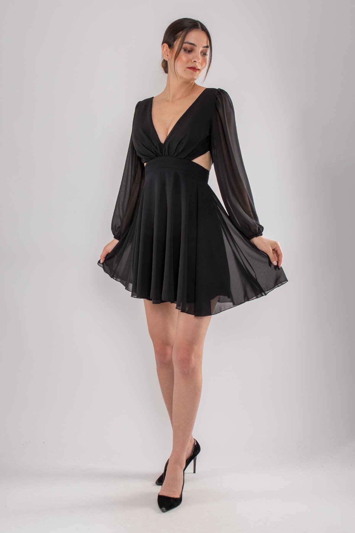 5065 Derin V Yaka Uzun Kol Yanları Dekolte Şifon Kısa Elbise