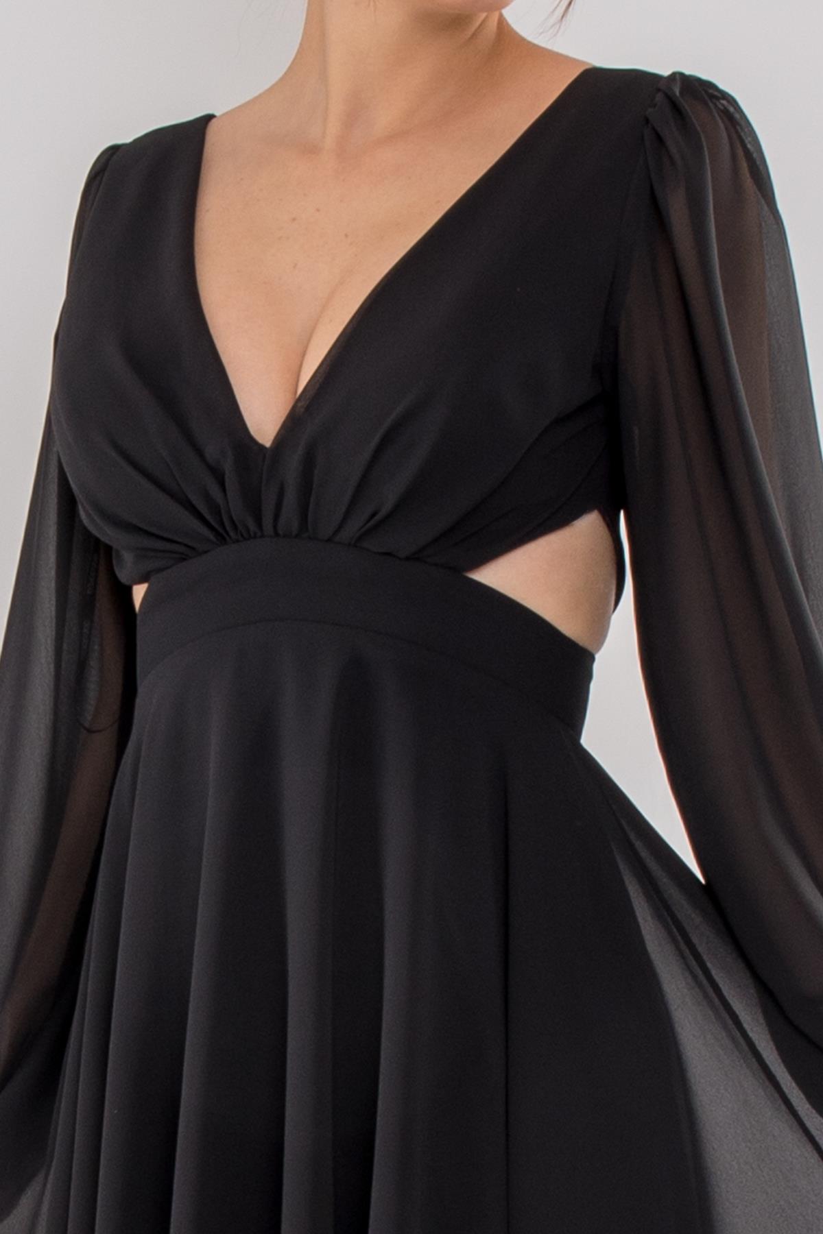 5065 Derin V Yaka Uzun Kol Yanları Dekolte Şifon Kısa Elbise