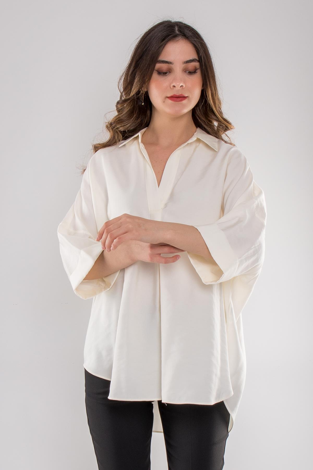 50697 Oversize Truvakar Kol V Yaka Modal Kadın Gömlek
