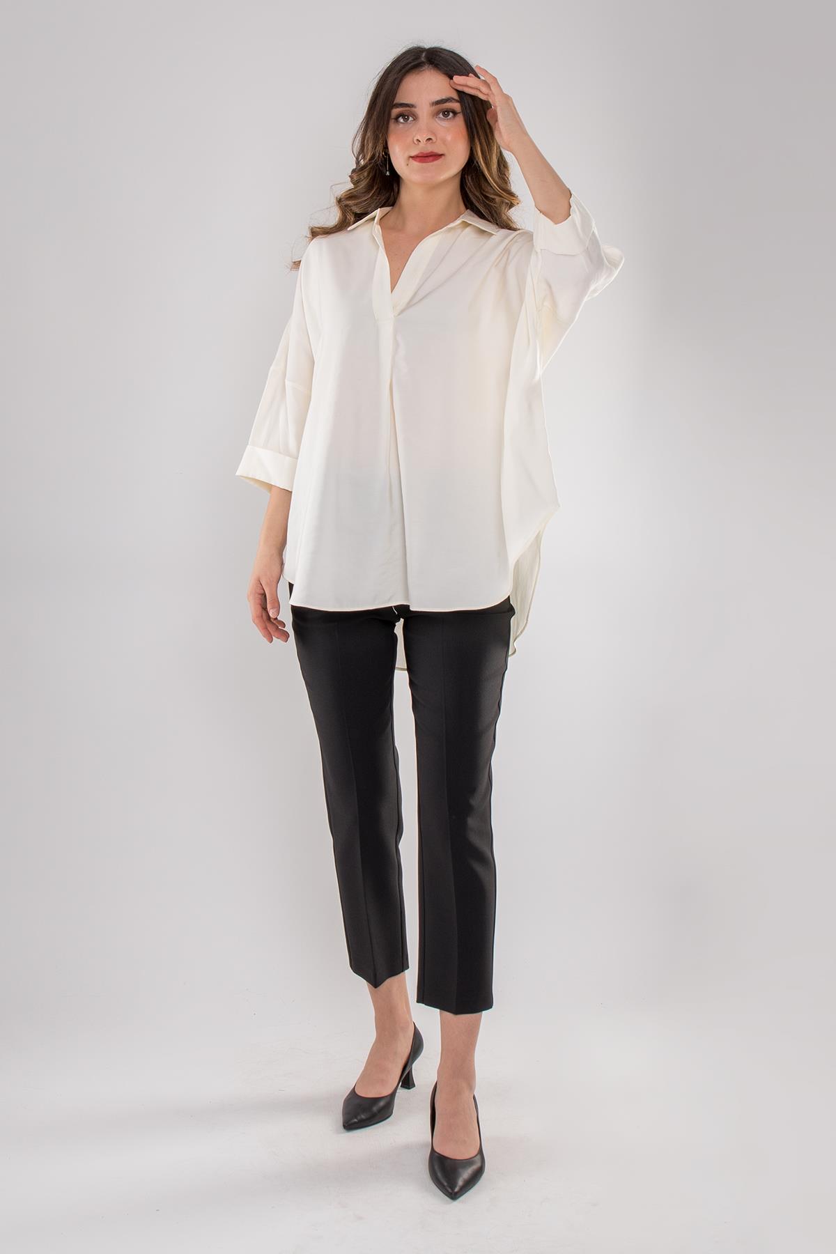 50697 Oversize Truvakar Kol V Yaka Modal Kadın Gömlek