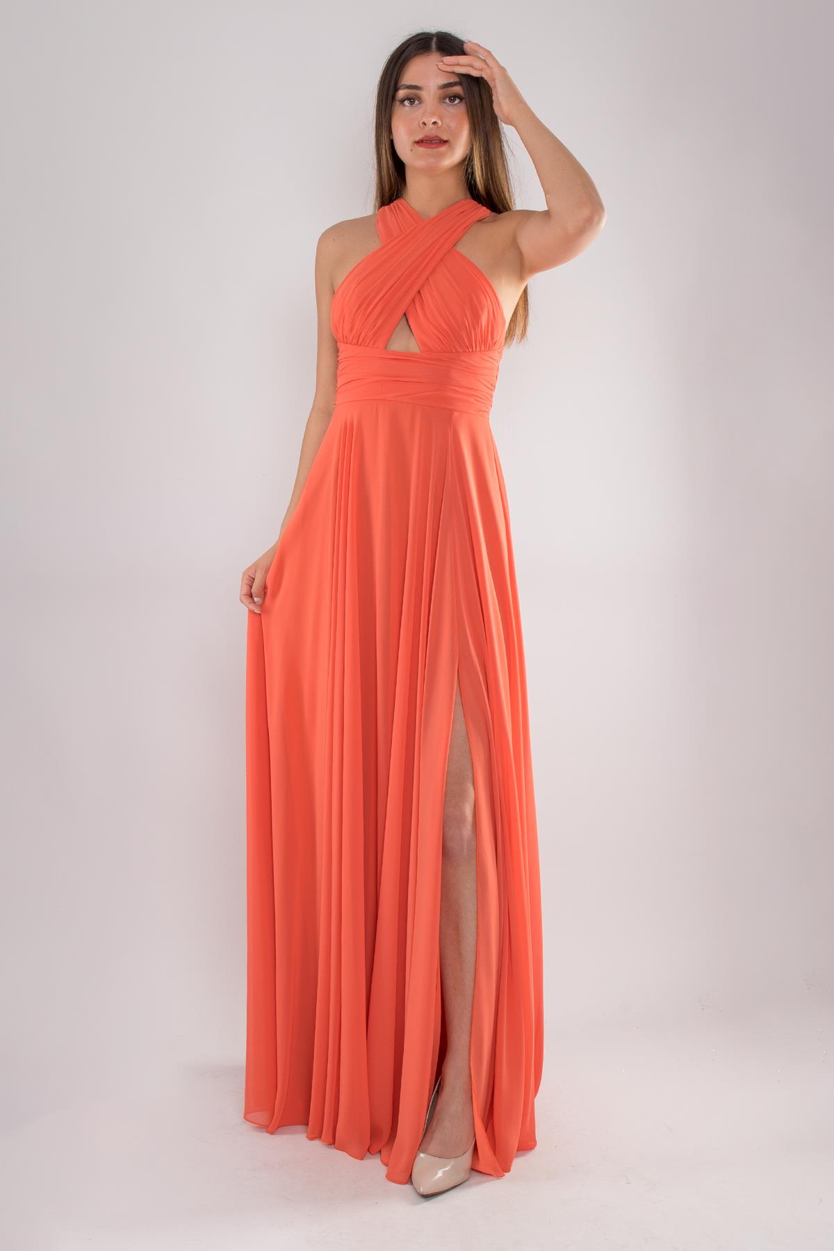 5070 Çapraz Kalın Askı Şifon Uzun Kloş Elbise