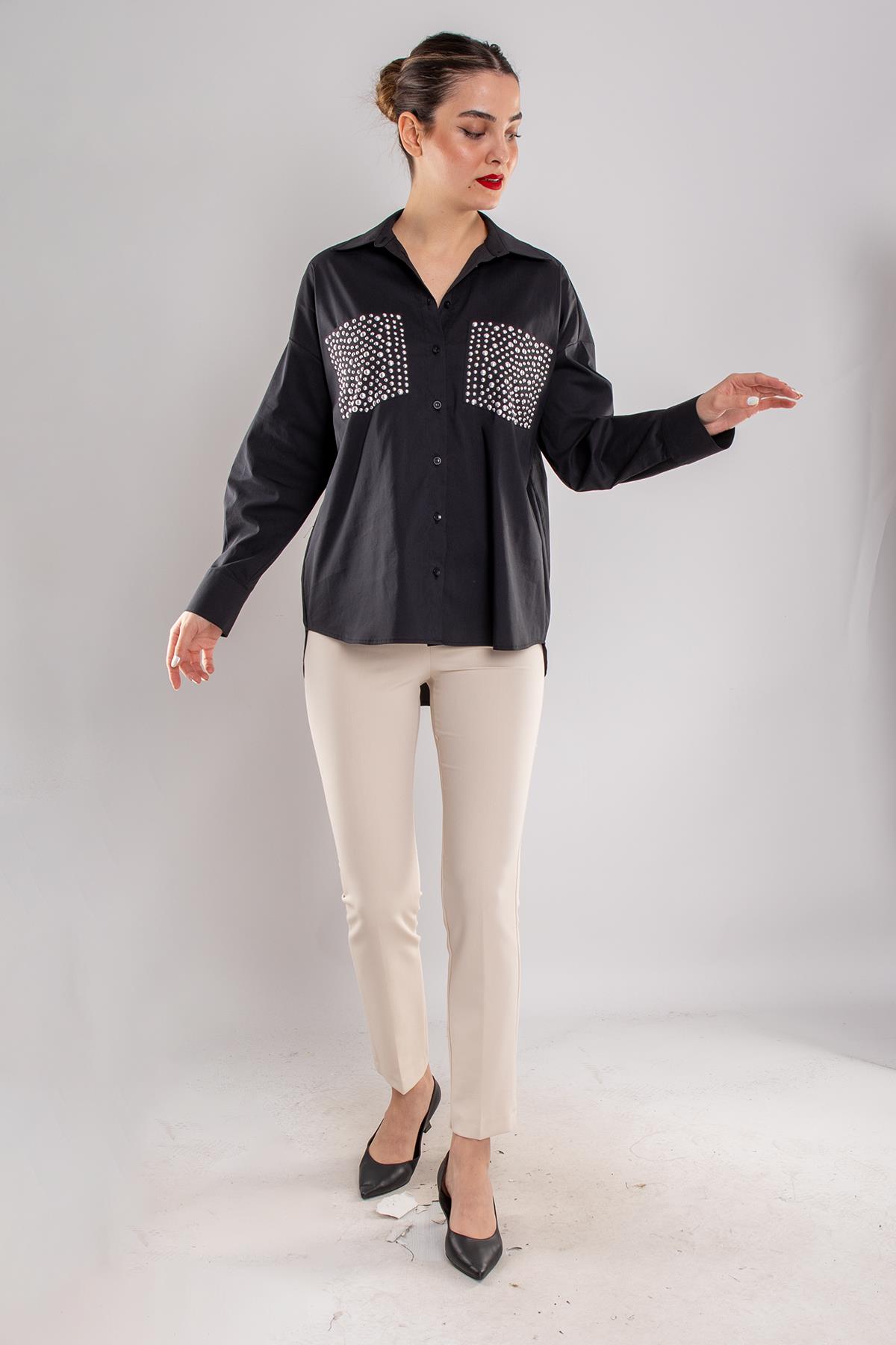 50733 Taşlı Cep Detay Pamuklu Gömlek