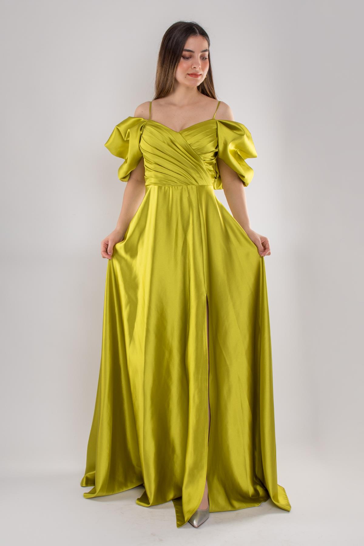 5077 Balon Kollu İpAskı Gögüs Drape Uzun Saten Elbise