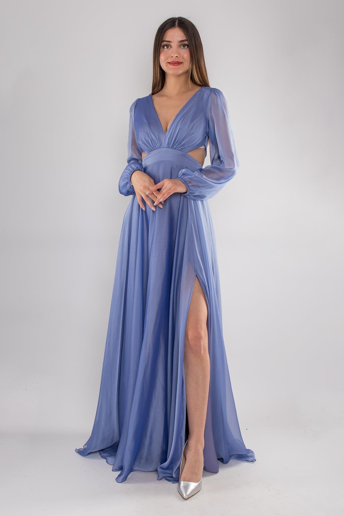 5078 Bel Dekolte Uzun Kol Kristal Şifon Uzun Elbise