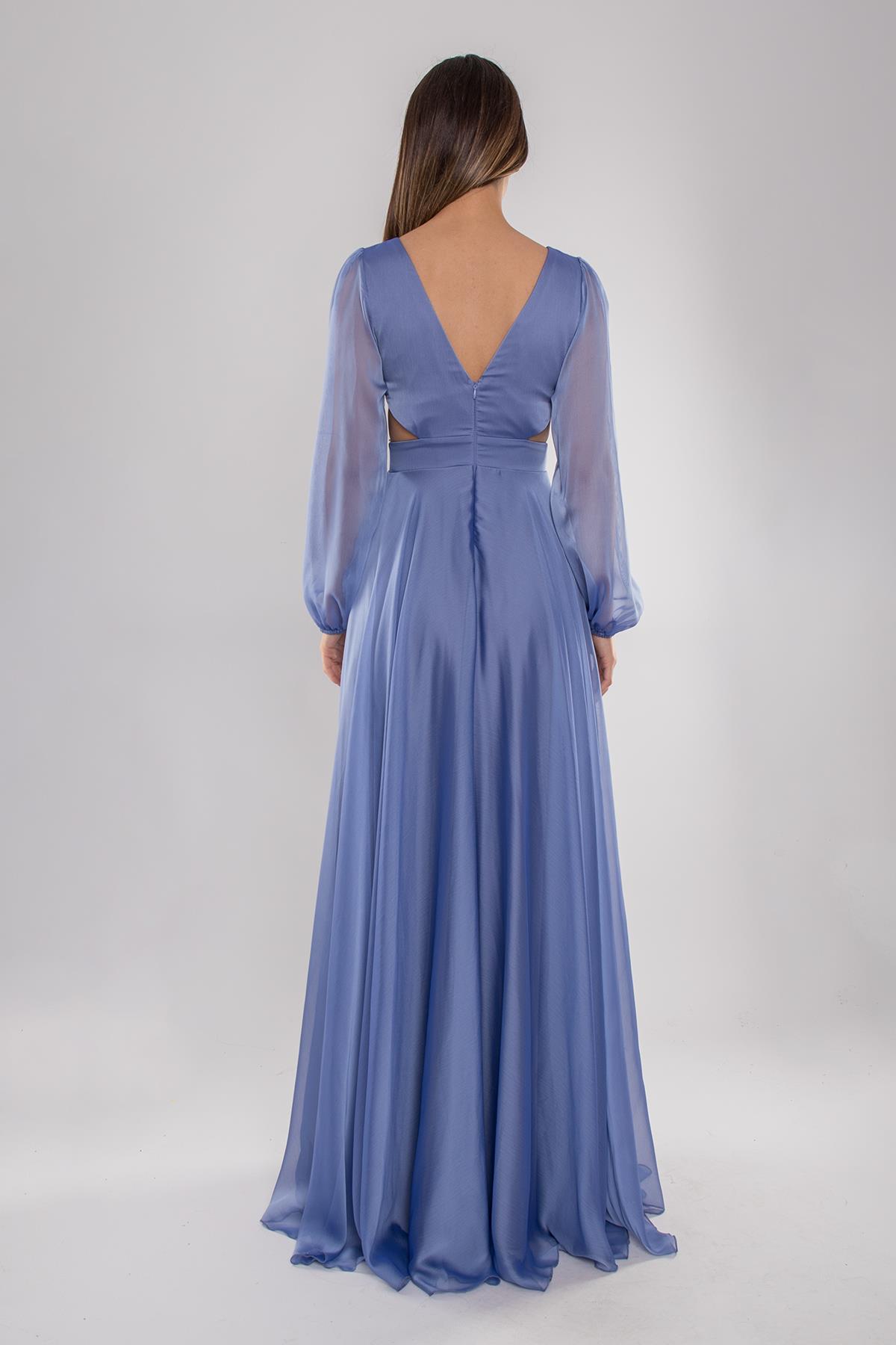 5078 Bel Dekolte Uzun Kol Kristal Şifon Uzun Elbise