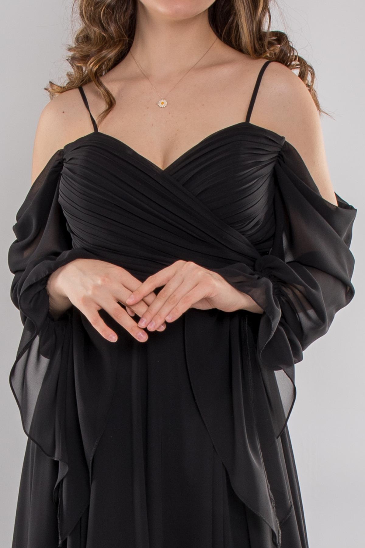 5081 Drapeli Uzun Kol Şifon Elbise