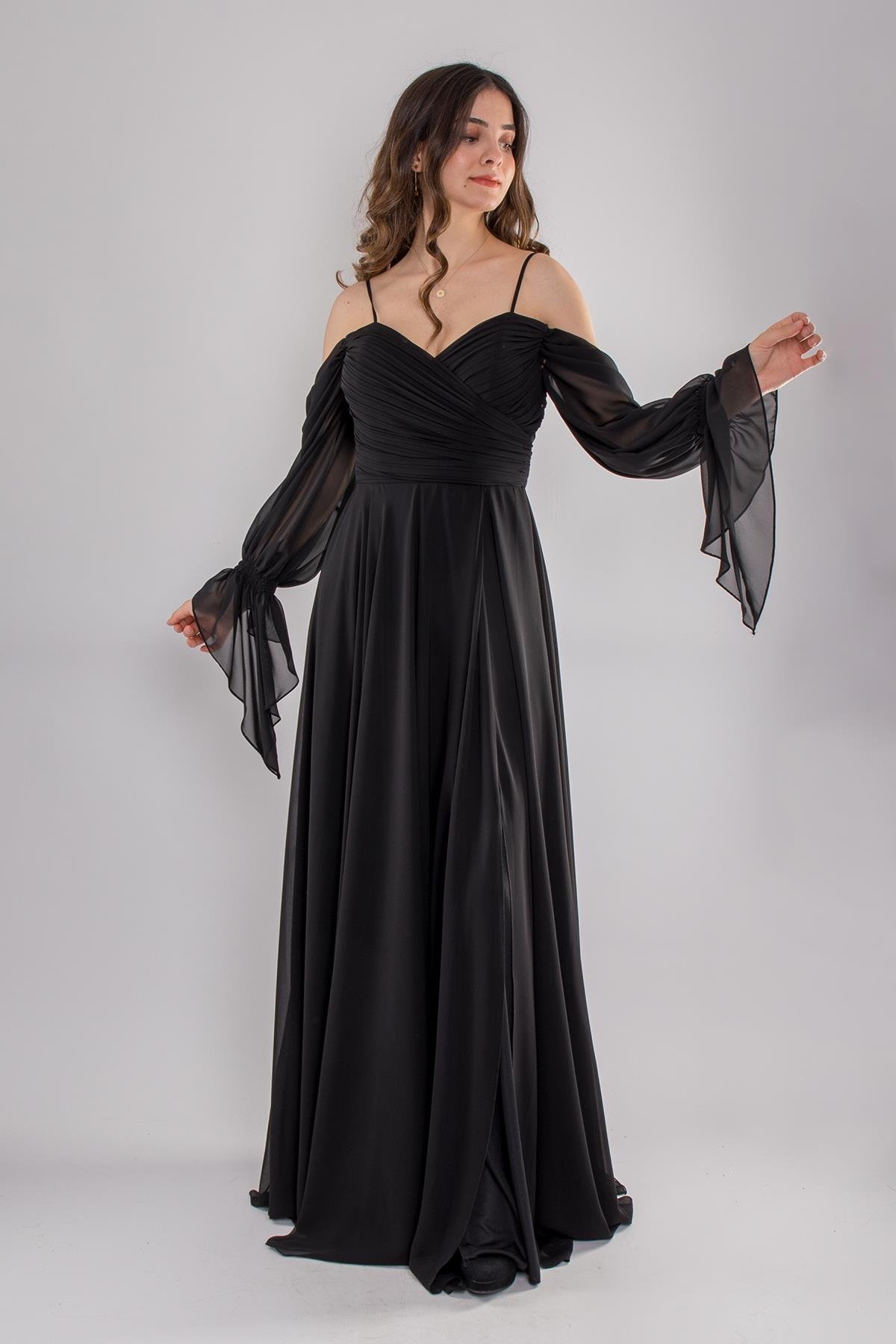 5081 Drapeli Uzun Kol Şifon Elbise