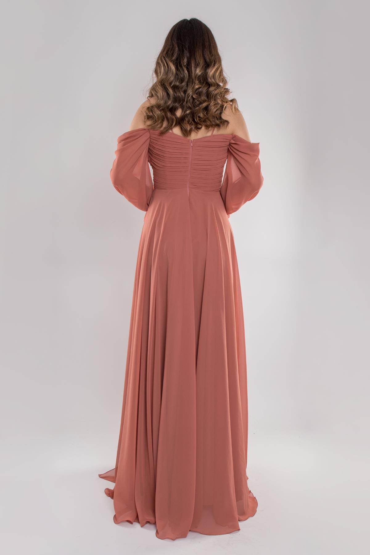 5081 Drapeli Uzun Kol Şifon Elbise