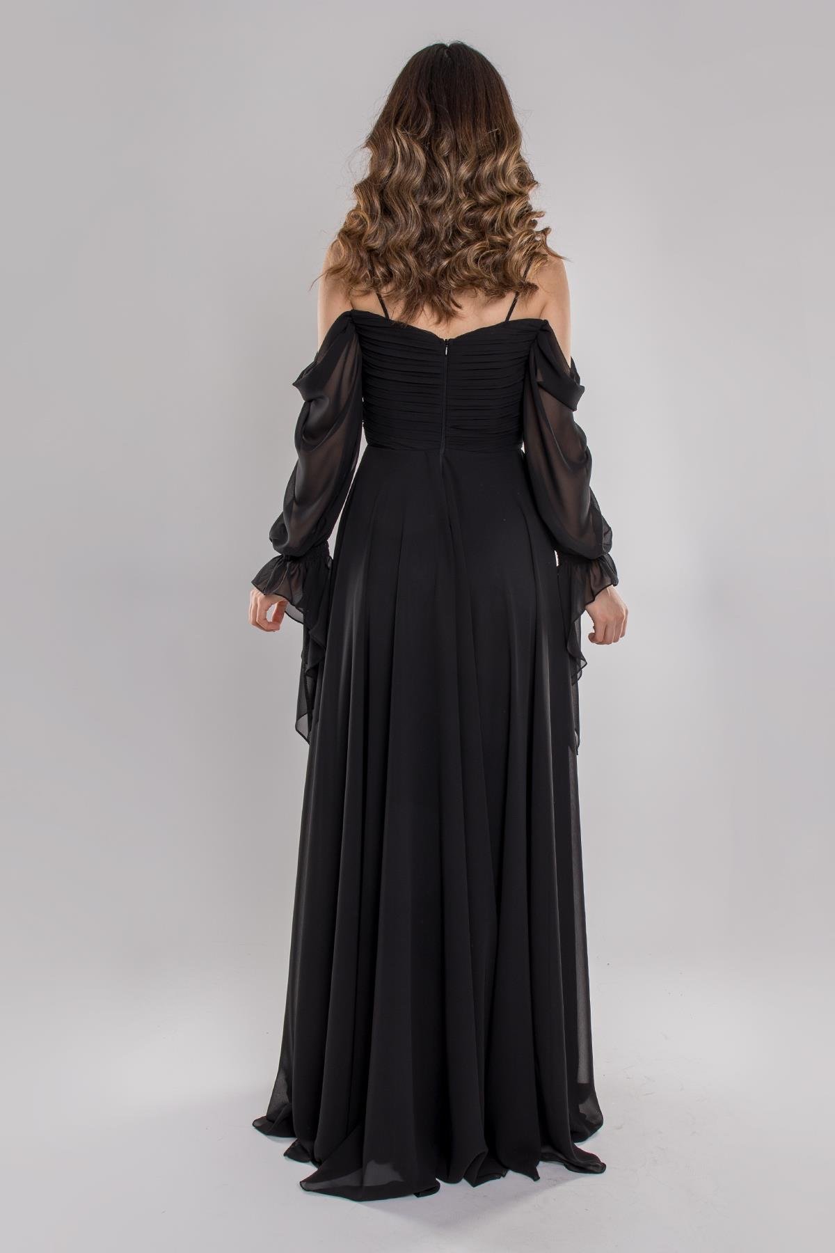 5081 Drapeli Uzun Kol Şifon Elbise