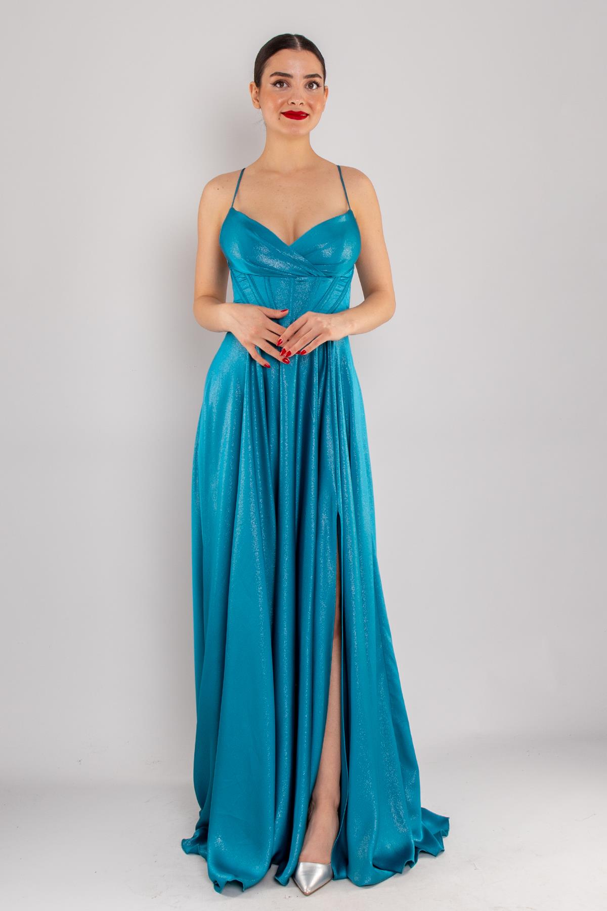 5083 İp Askı Beli Balen Laklı Kloş Uzun Elbise