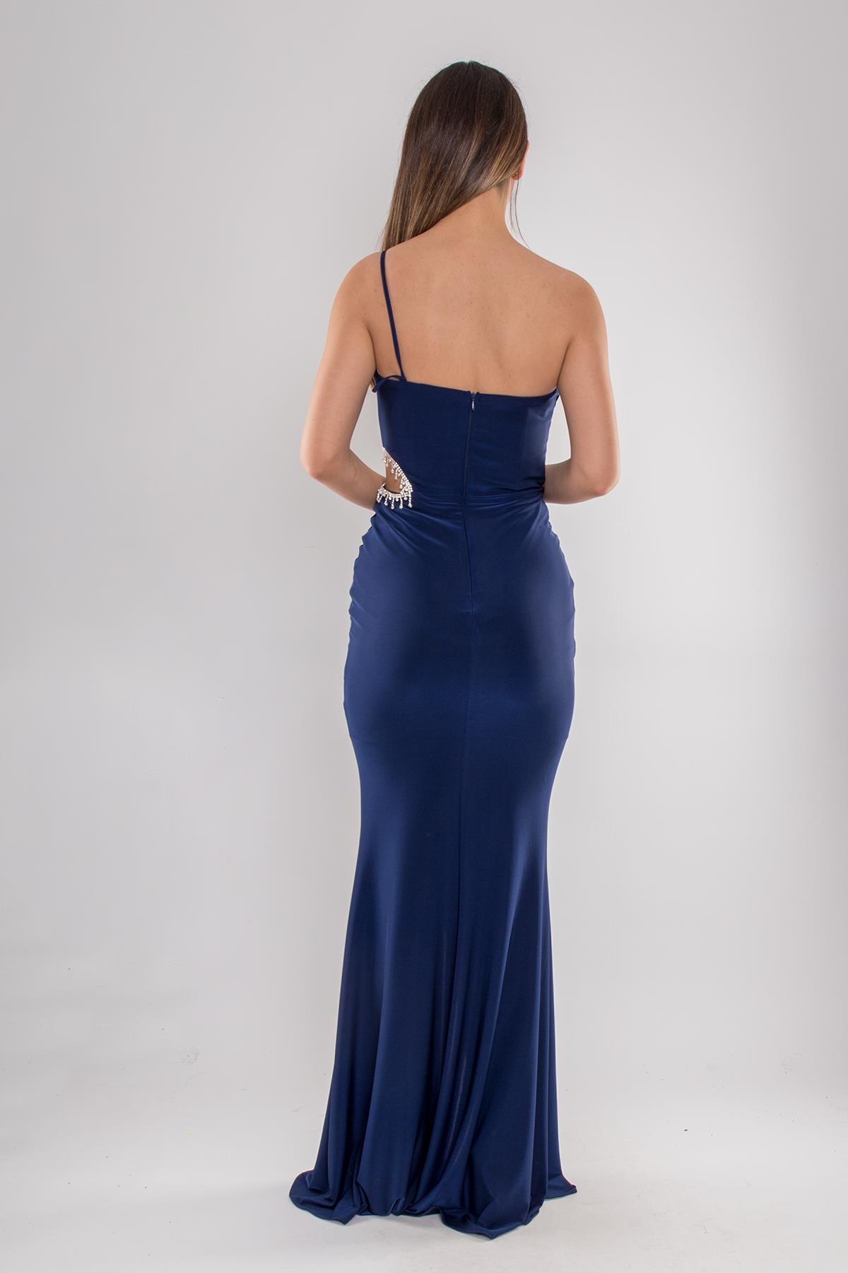 5088 Yanı Taşlı Pencereli Tek Omuz Buzi Uzun Elbise