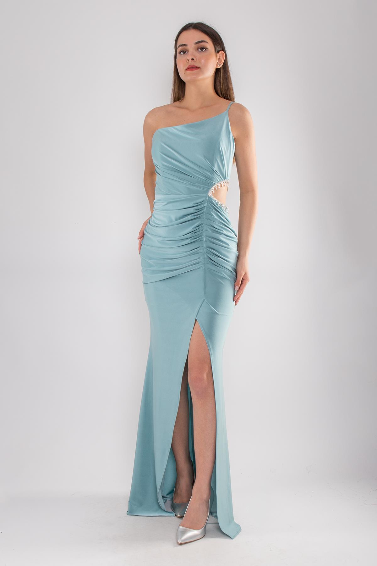 5088 Yanı Taşlı Pencereli Tek Omuz Buzi Uzun Elbise