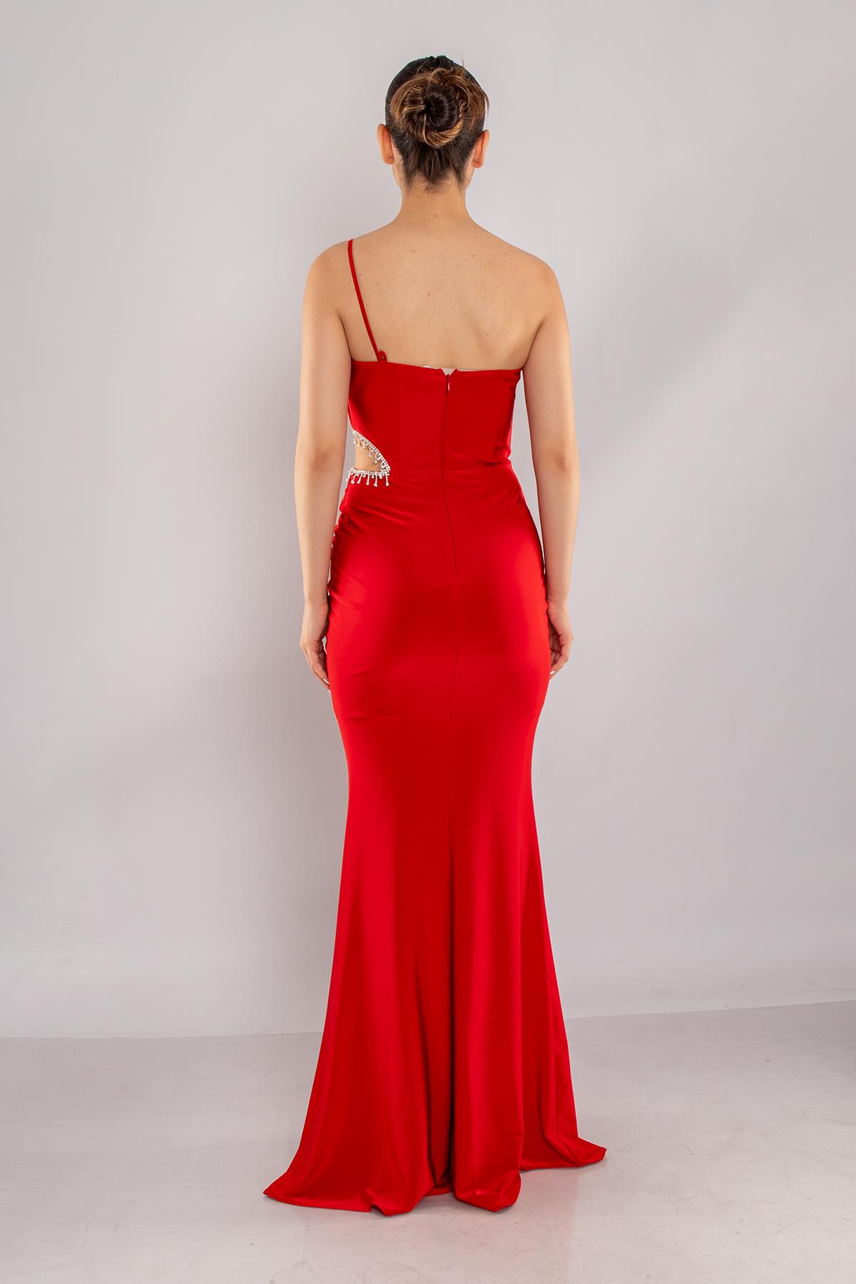 5088 Yanı Taşlı Pencereli Tek Omuz Buzi Uzun Elbise