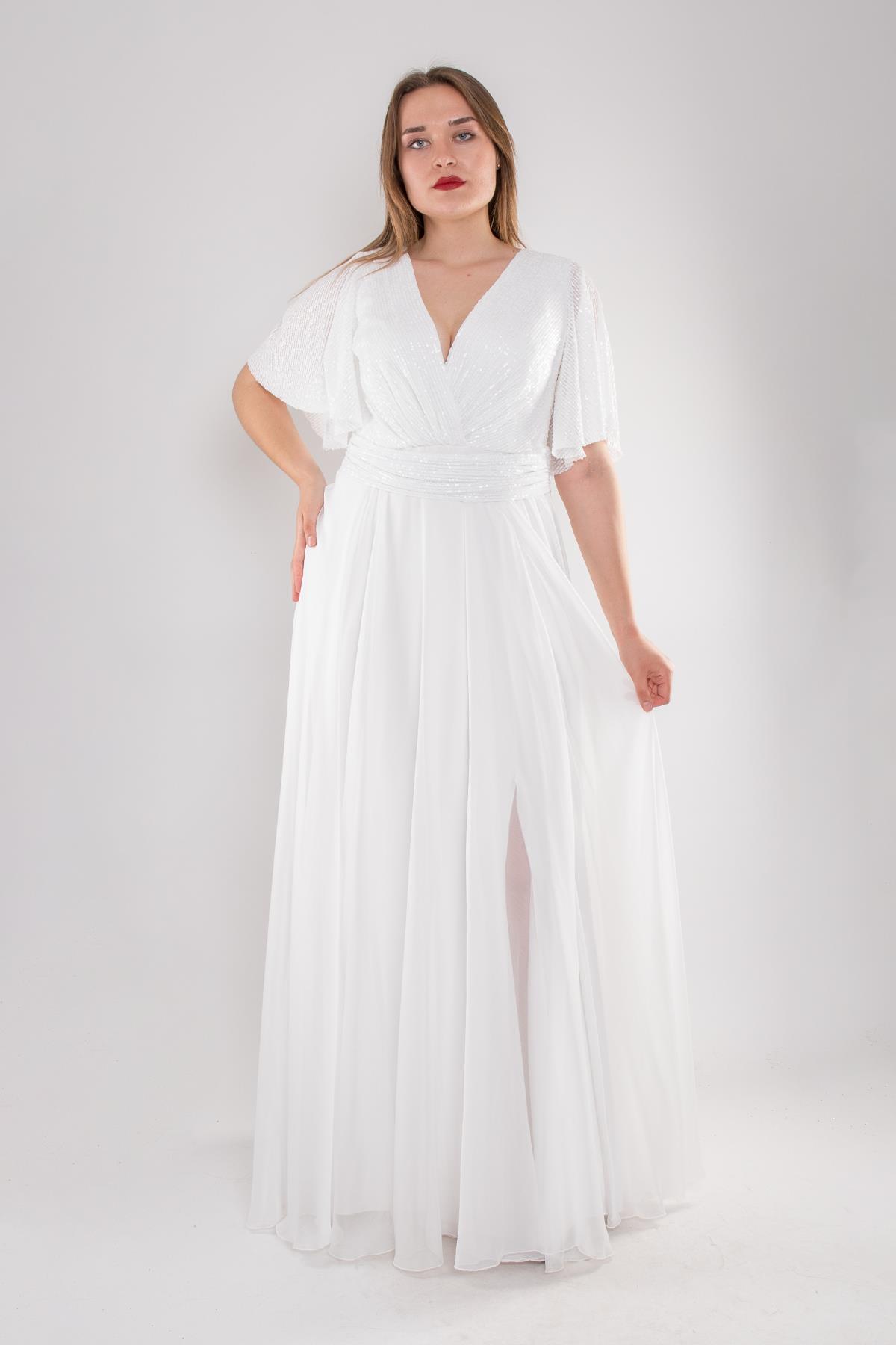 5093 Büyük Beden Kruvaze Yaka Pulpayet Uzun Elbise