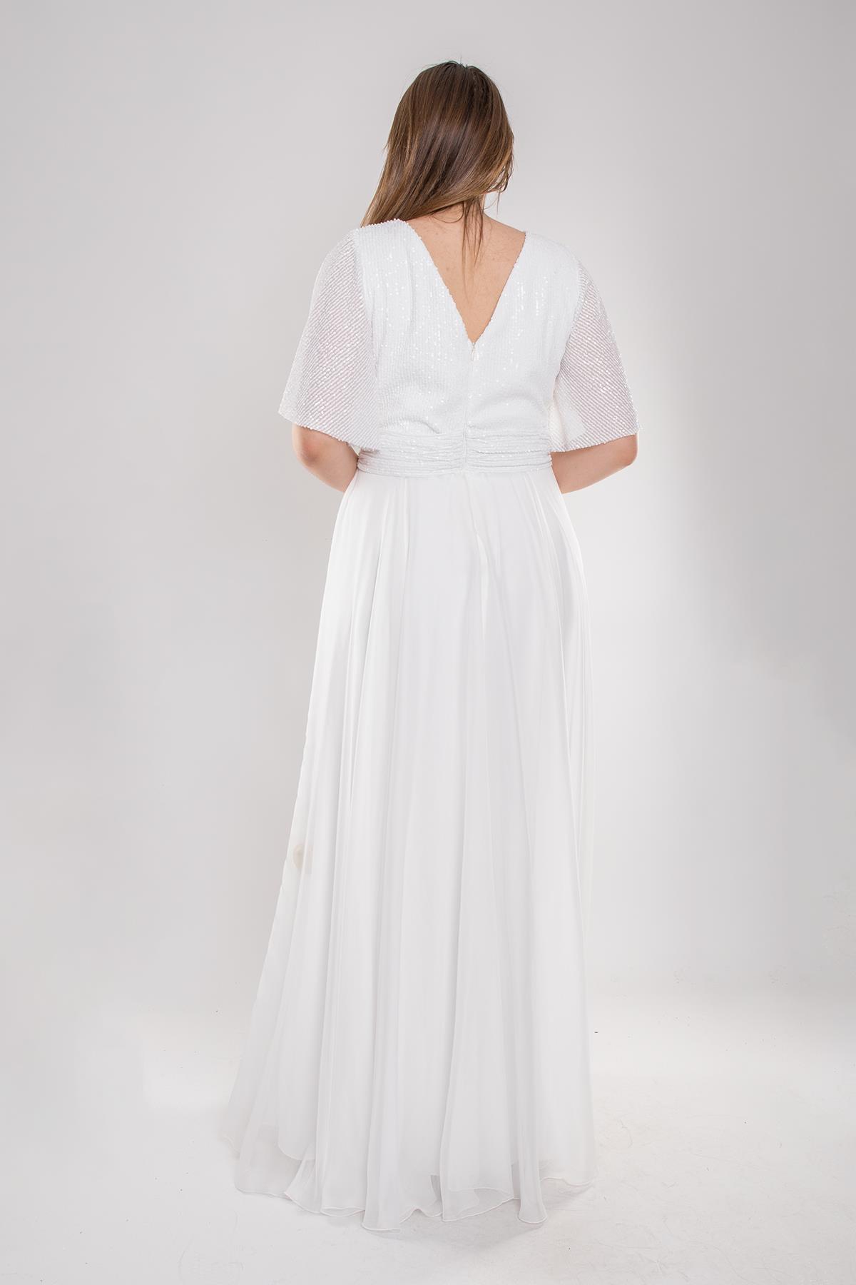 5093 Büyük Beden Kruvaze Yaka Pulpayet Uzun Elbise