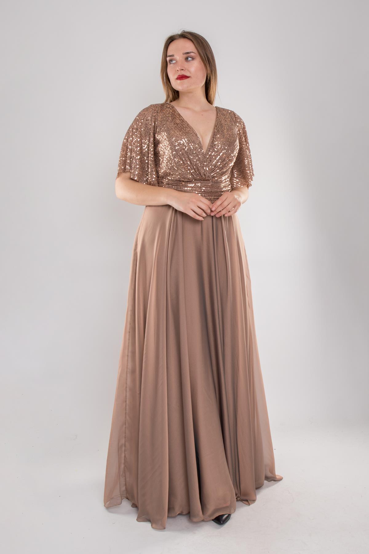 5093 Büyük Beden Kruvaze Yaka Pulpayet Uzun Elbise