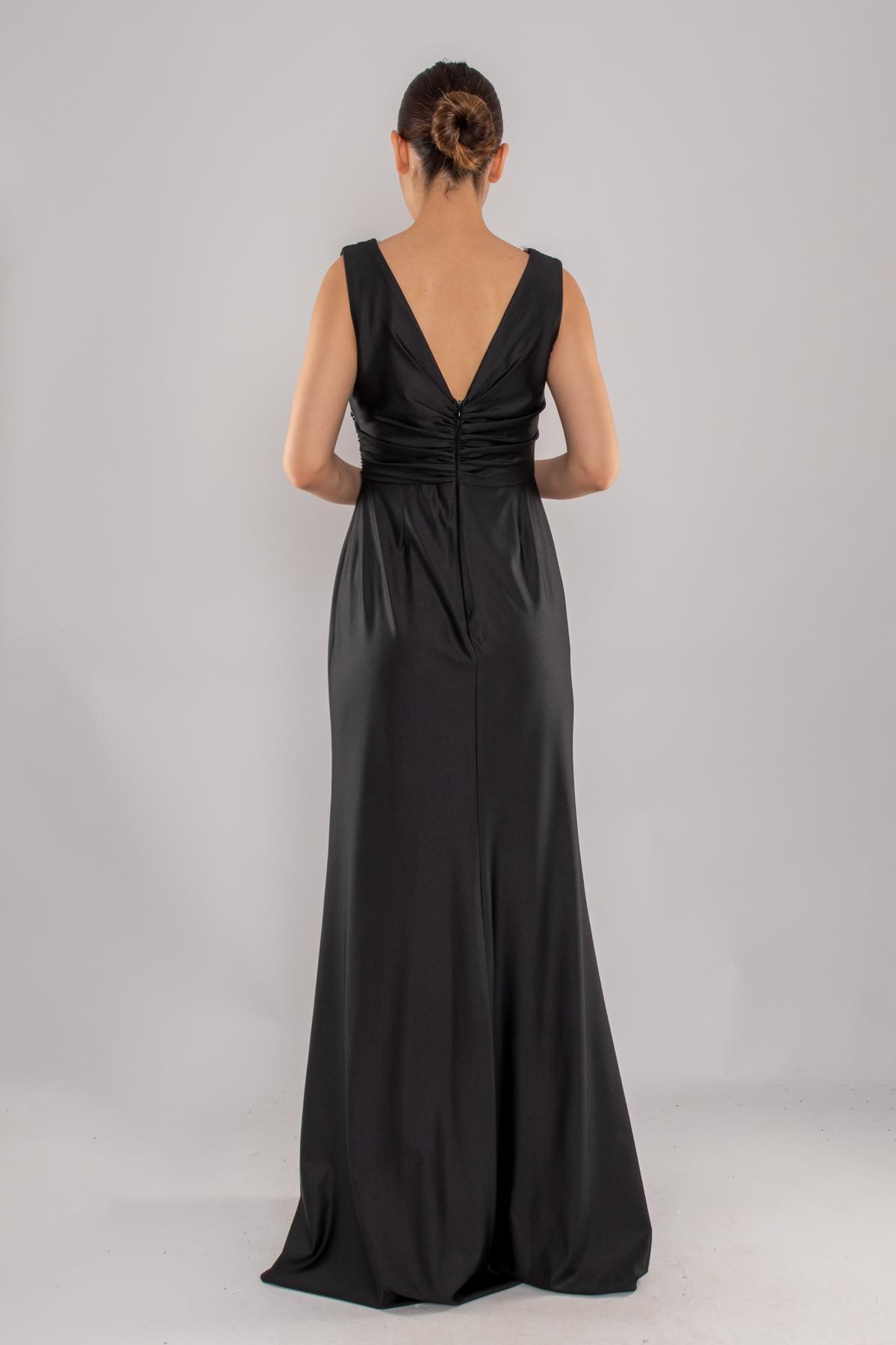 510 Kruvaze Yaka Beli Drape Boncuklu Kristal Buzi Uzun Elbise