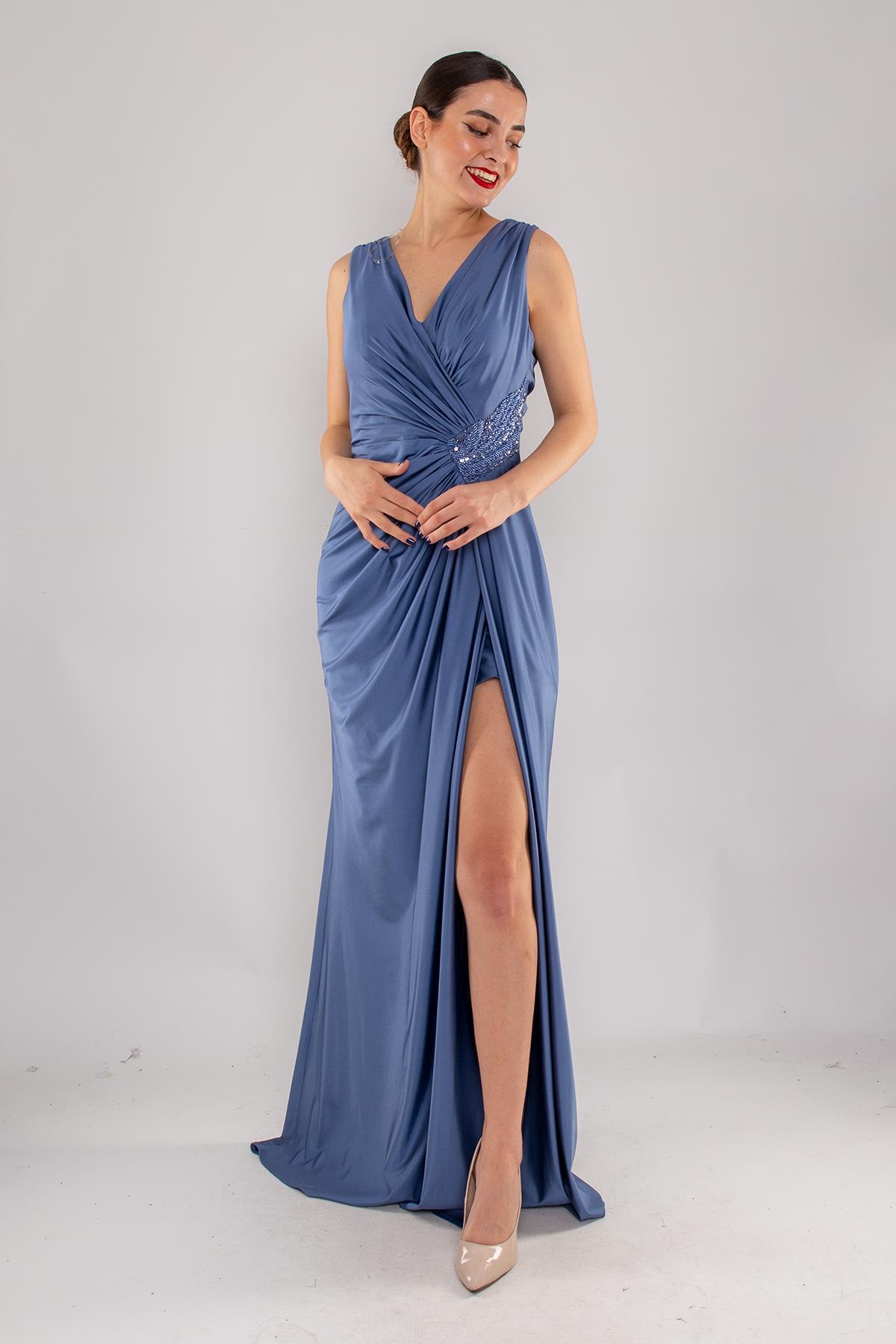 510 Kruvaze Yaka Beli Drape Boncuklu Kristal Buzi Uzun Elbise