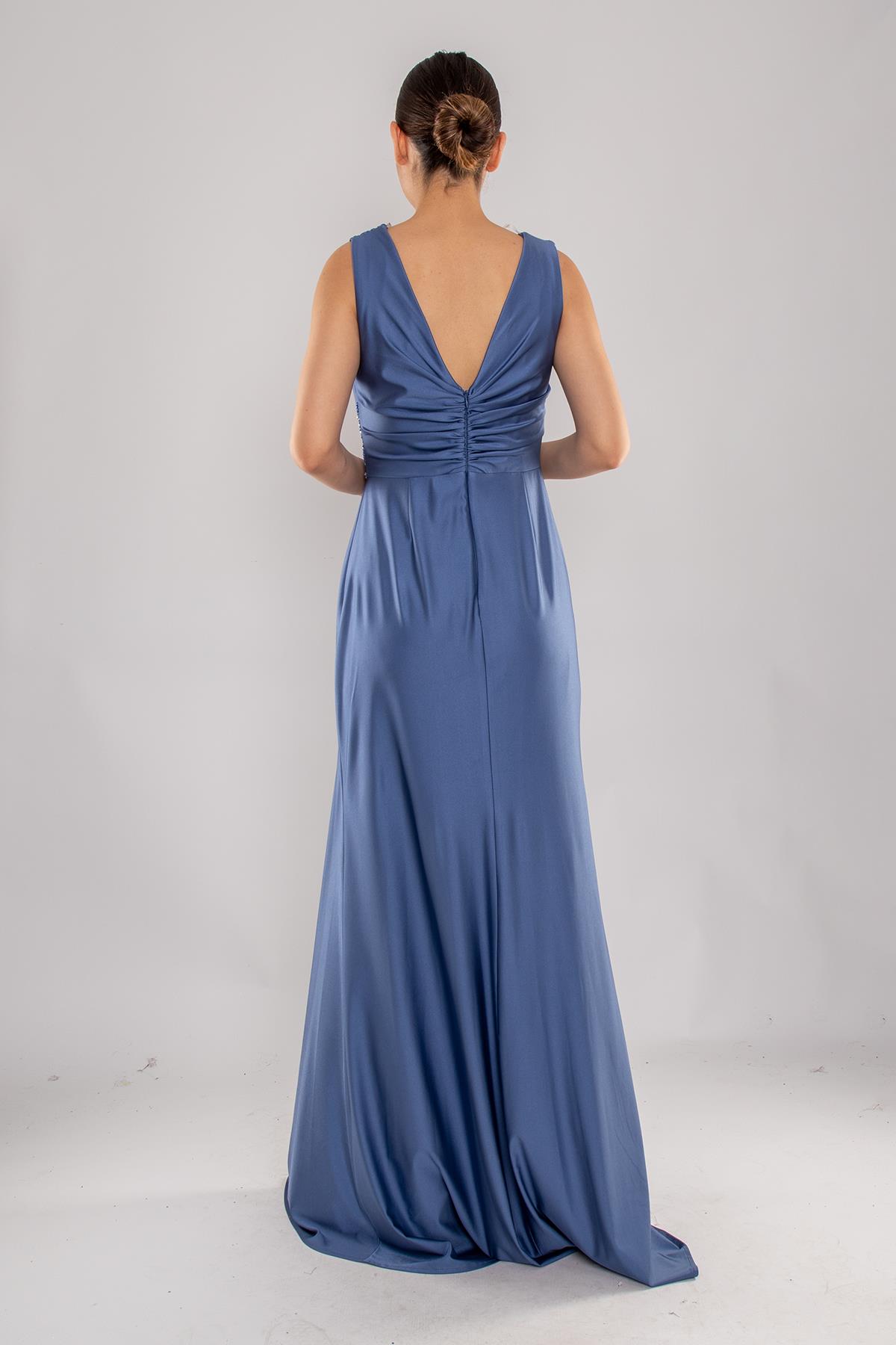 510 Kruvaze Yaka Beli Drape Boncuklu Kristal Buzi Uzun Elbise