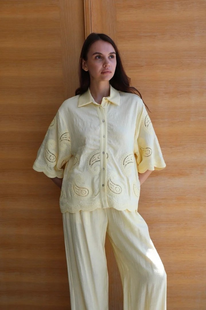 51048-71520 Dantel Nakışlı Tencel Gömlek Bol Paça Pantolon Takım