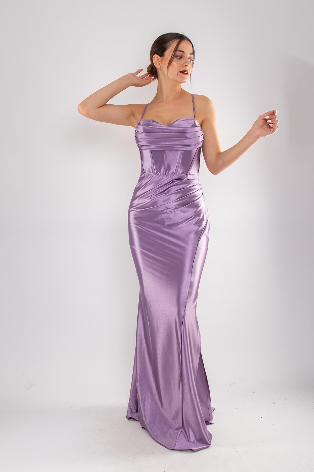 5118 İpAskı Degaje Yaka Balenli Örme Saten Uzun Elbise