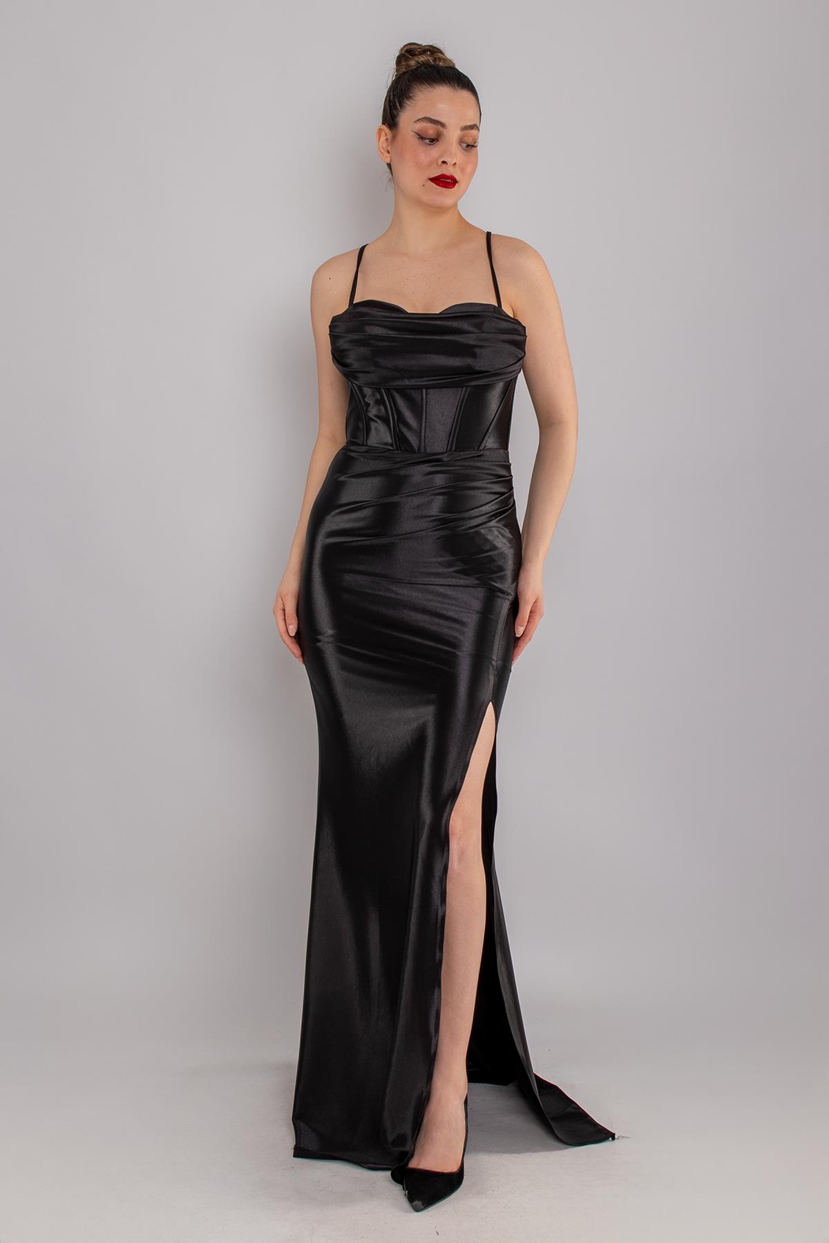 5118 İpAskı Degaje Yaka Balenli Örme Saten Uzun Elbise