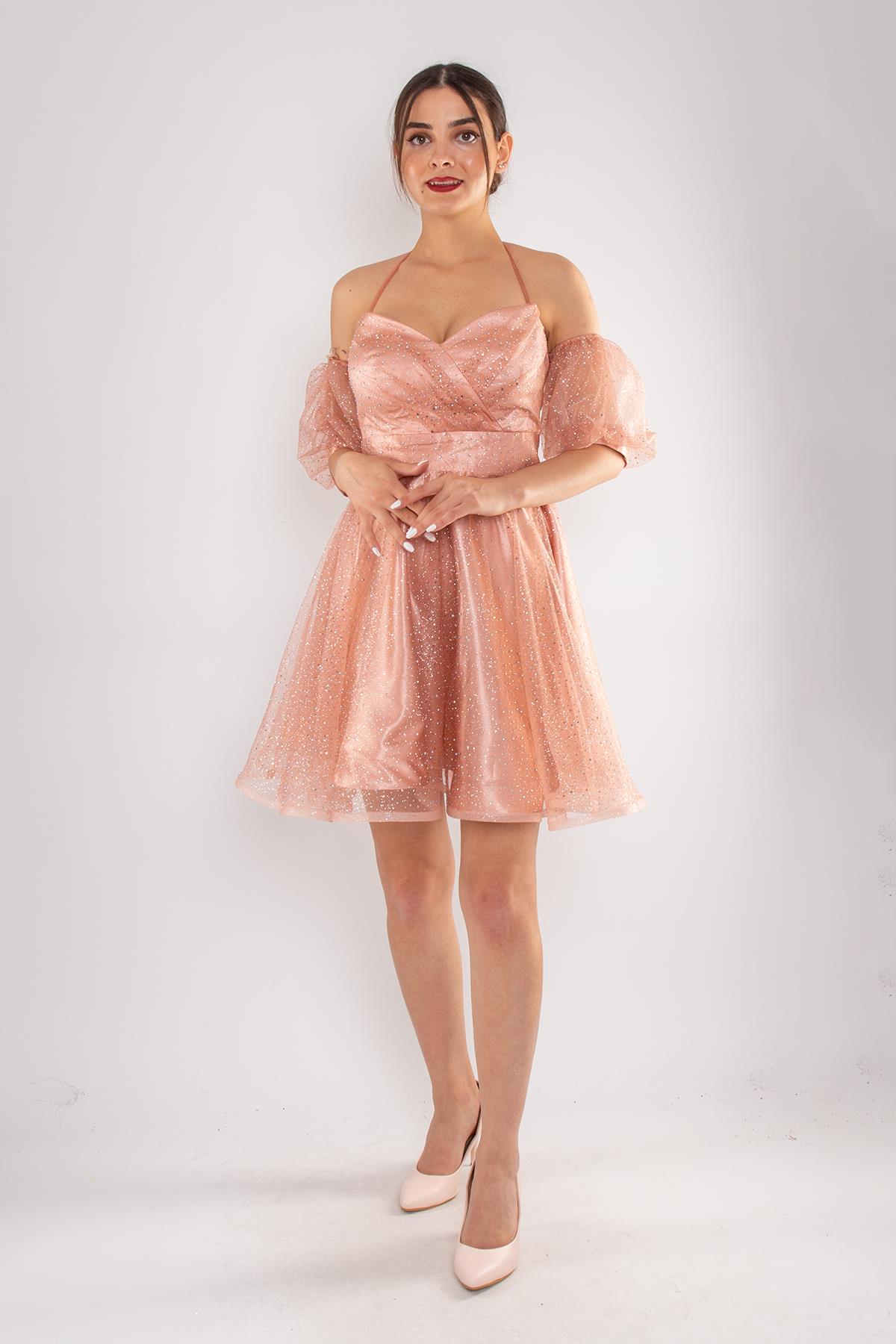 512 Straplez Takma Kol Simli Kloş Kısa Tül Elbise