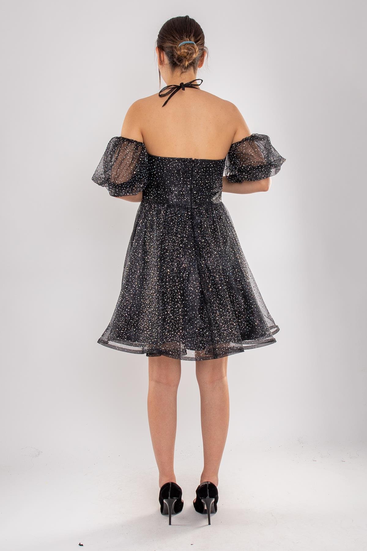 512 Straplez Takma Kol Simli Kloş Kısa Tül Elbise