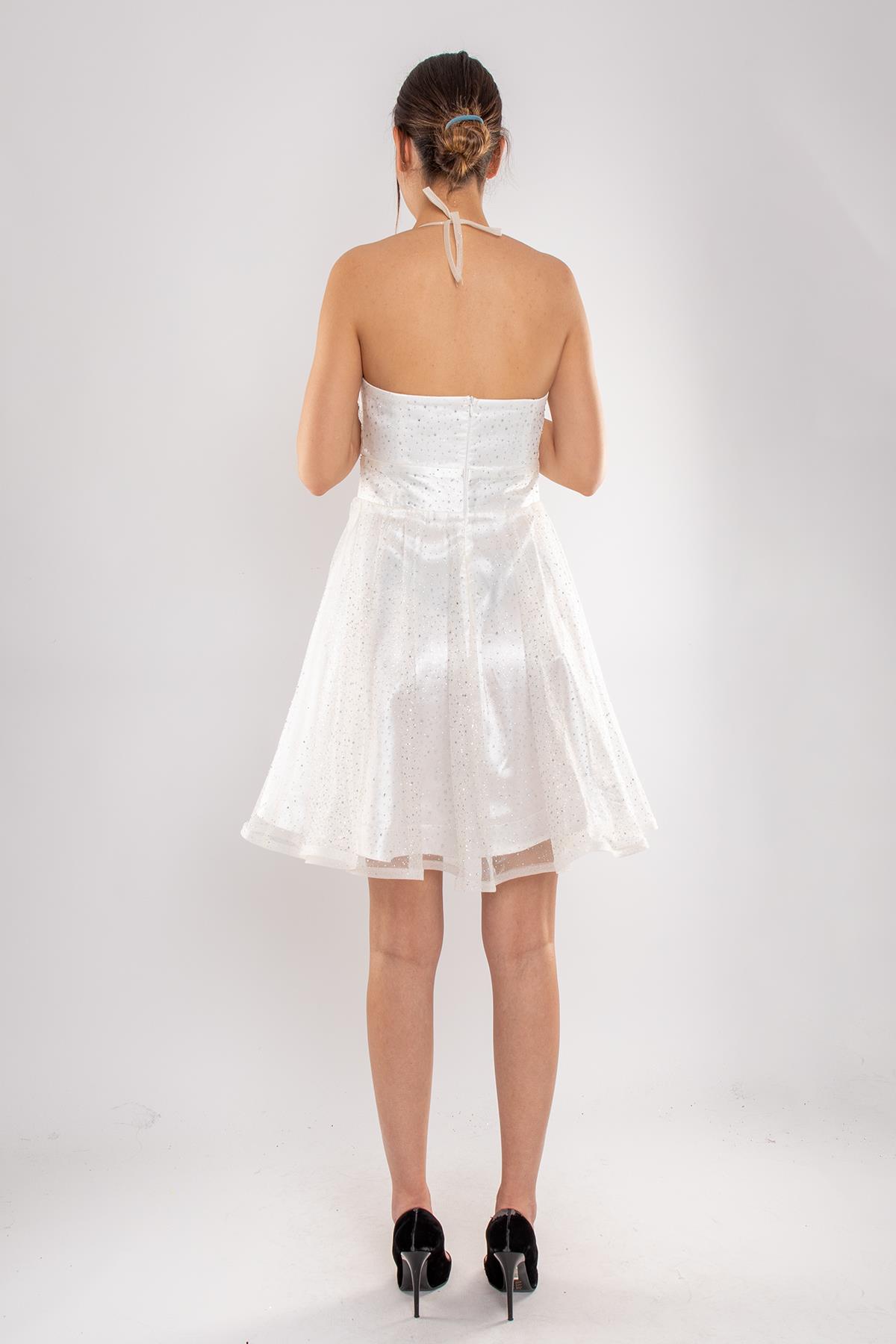 512 Straplez Takma Kol Simli Kloş Kısa Tül Elbise