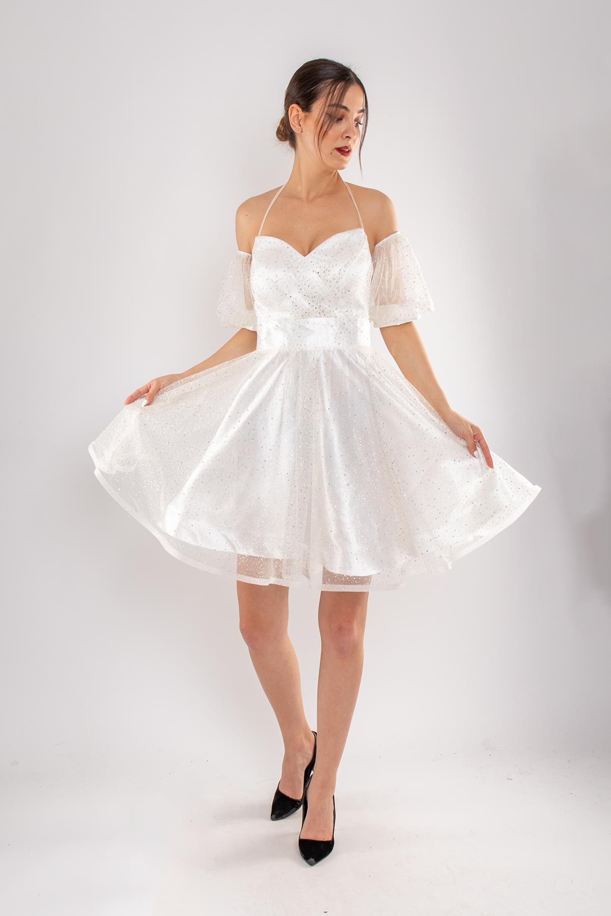 512 Straplez Takma Kol Simli Kloş Kısa Tül Elbise