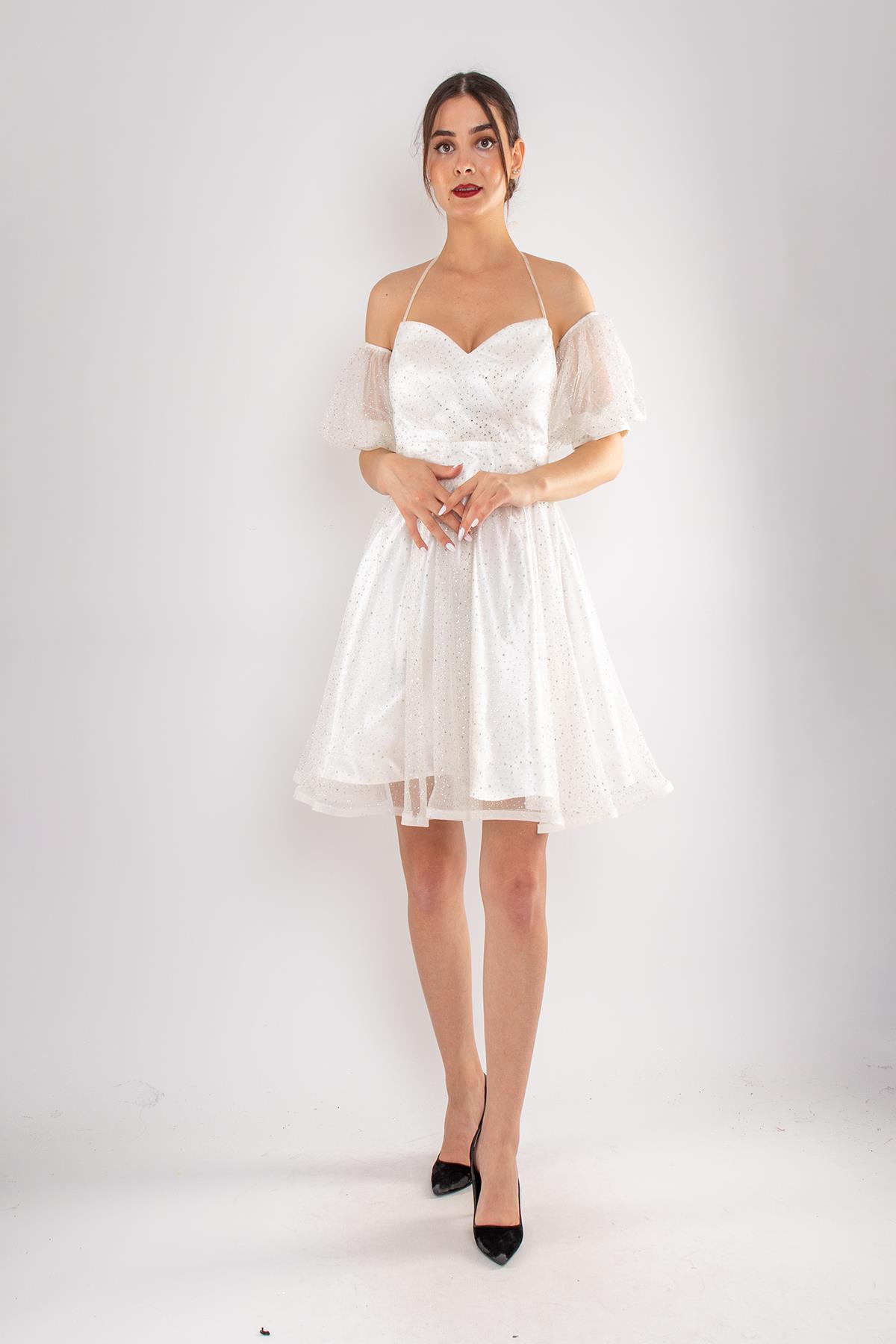 512 Straplez Takma Kol Simli Kloş Kısa Tül Elbise