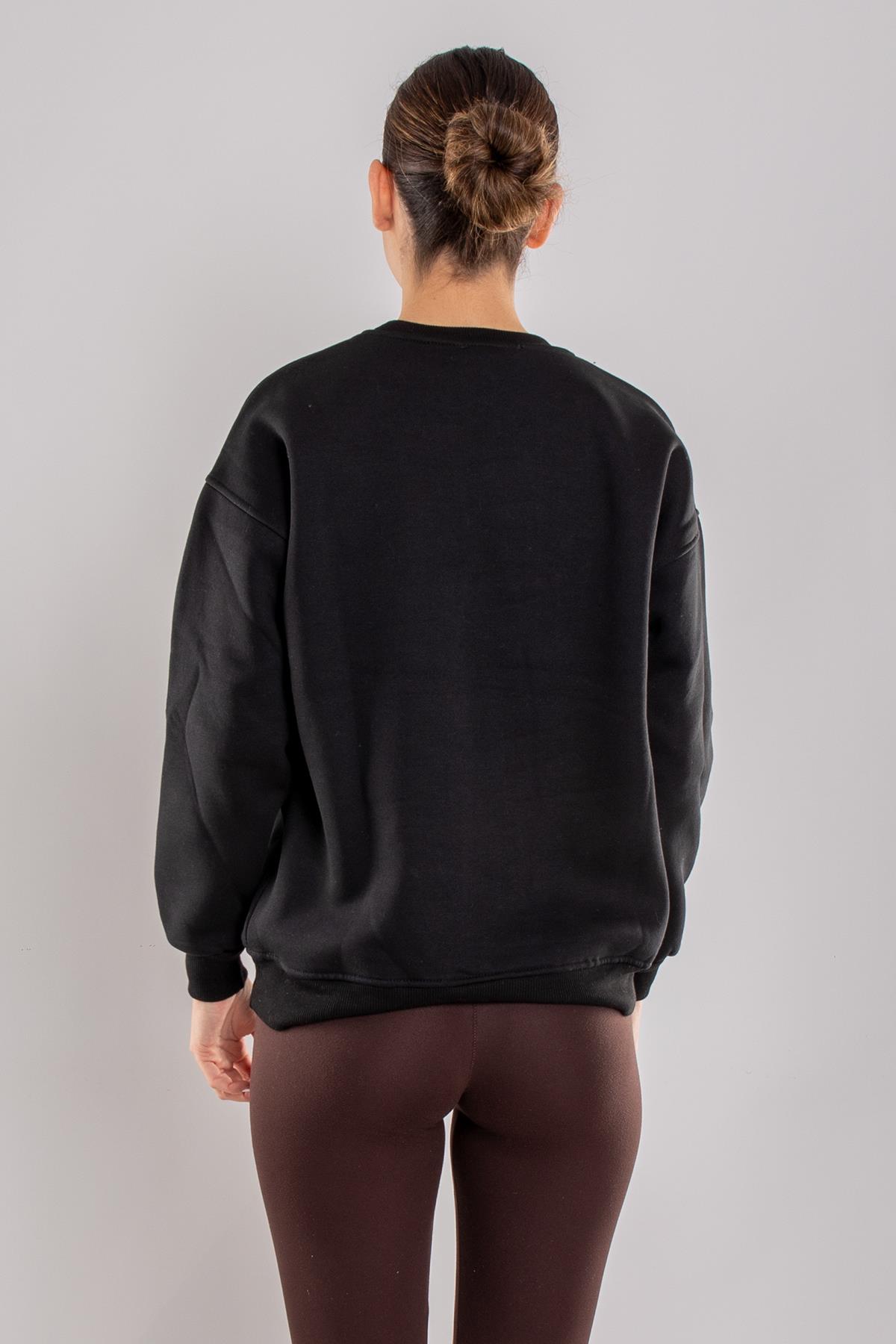 5124 Taşlı Kalp Baskı Bisiklet Yaka İçi Şardonlu Sweatshirt