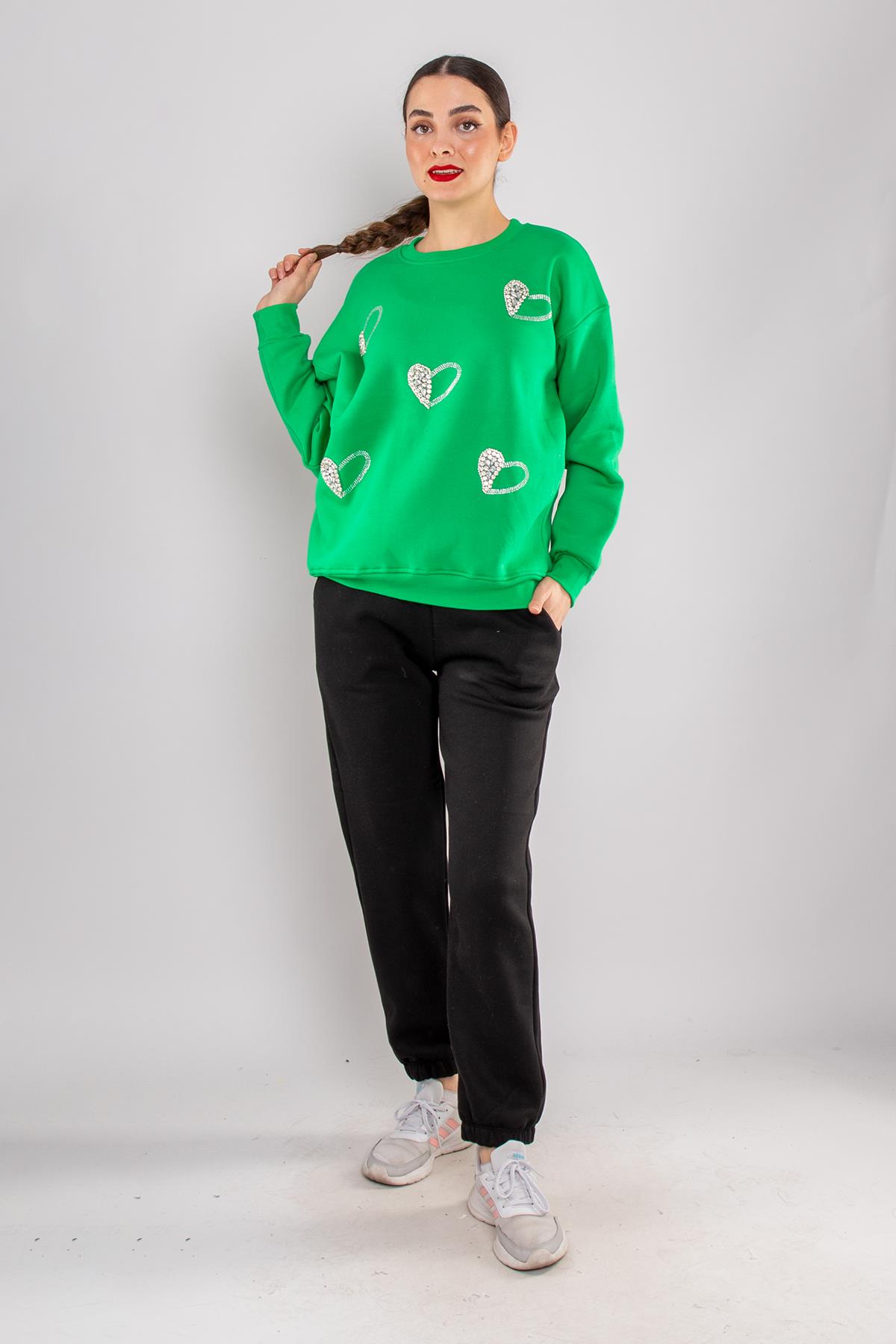 5124 Taşlı Kalp Baskı Bisiklet Yaka İçi Şardonlu Sweatshirt