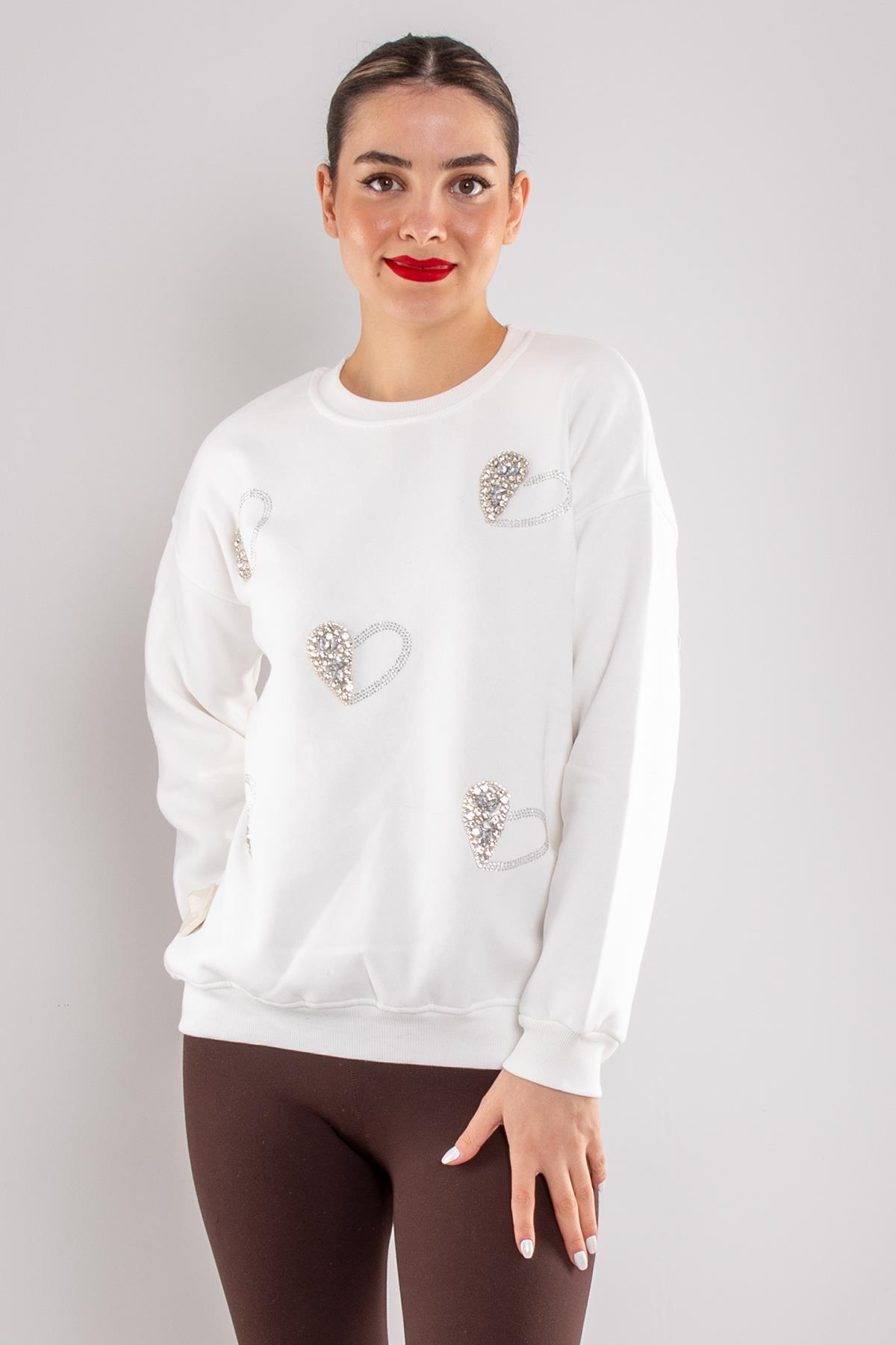 5124 Taşlı Kalp Baskı Bisiklet Yaka İçi Şardonlu Sweatshirt