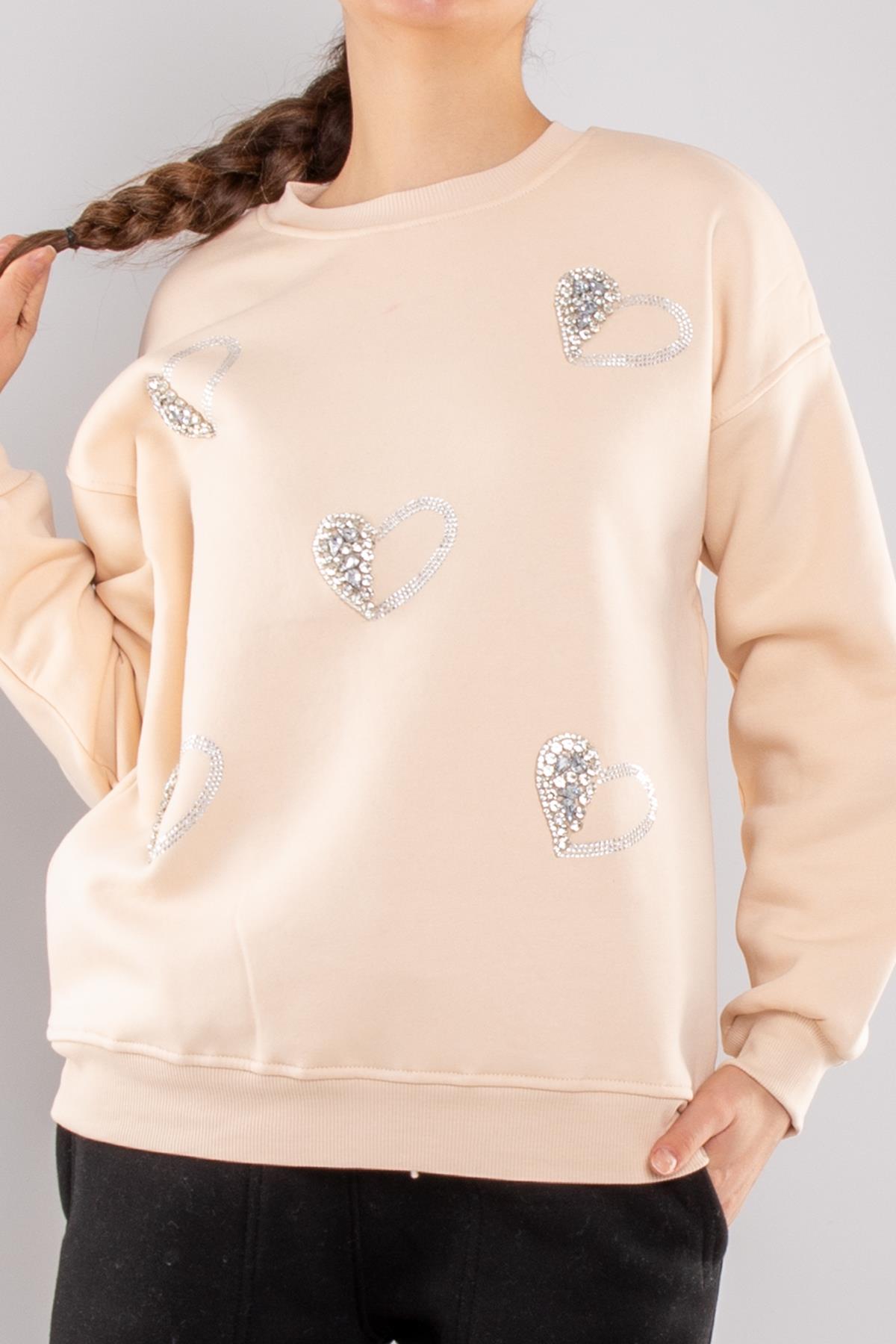 5124 Taşlı Kalp Baskı Bisiklet Yaka İçi Şardonlu Sweatshirt