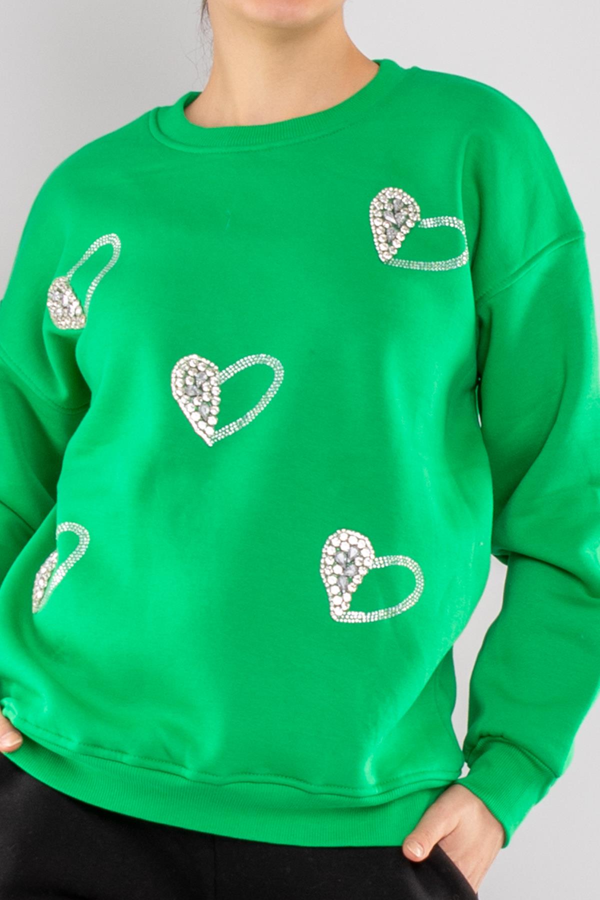 5124 Taşlı Kalp Baskı Bisiklet Yaka İçi Şardonlu Sweatshirt