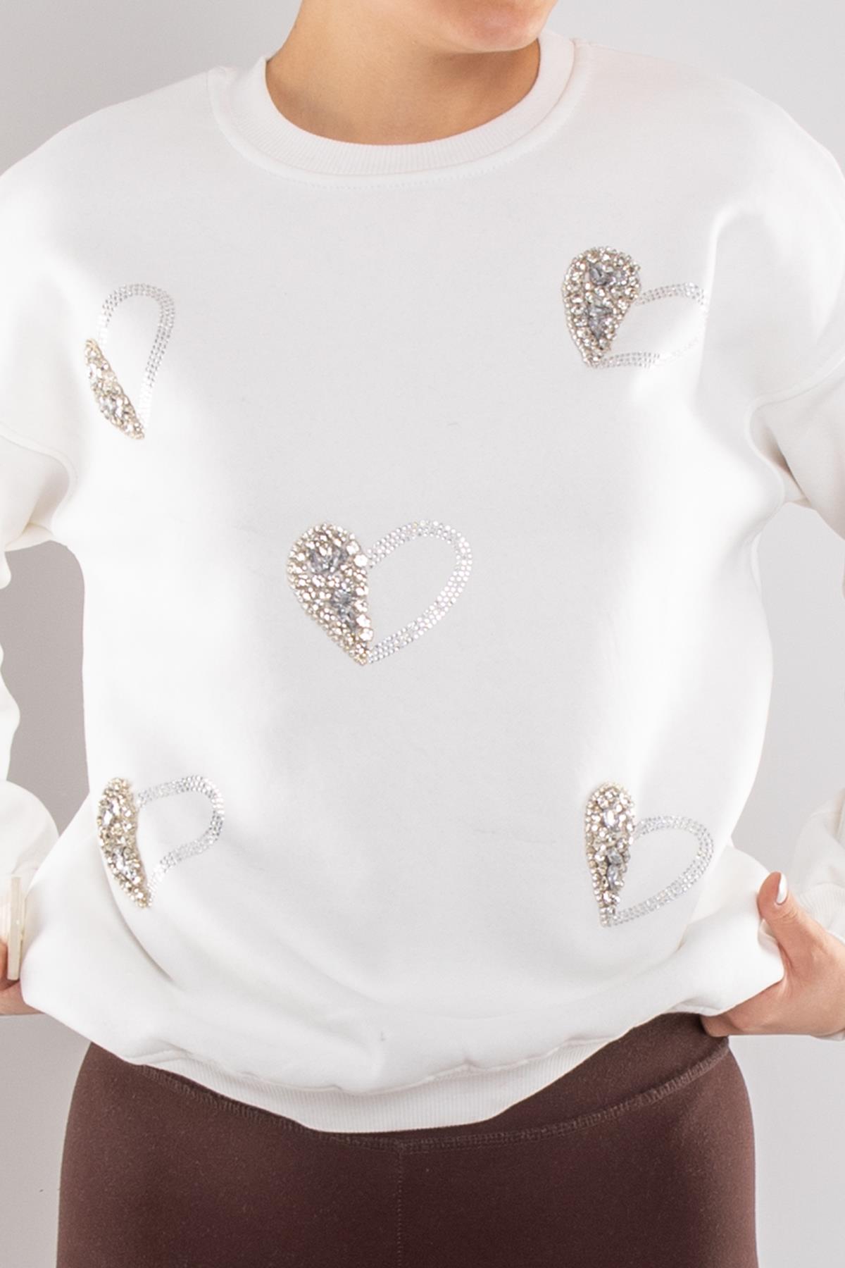 5124 Taşlı Kalp Baskı Bisiklet Yaka İçi Şardonlu Sweatshirt